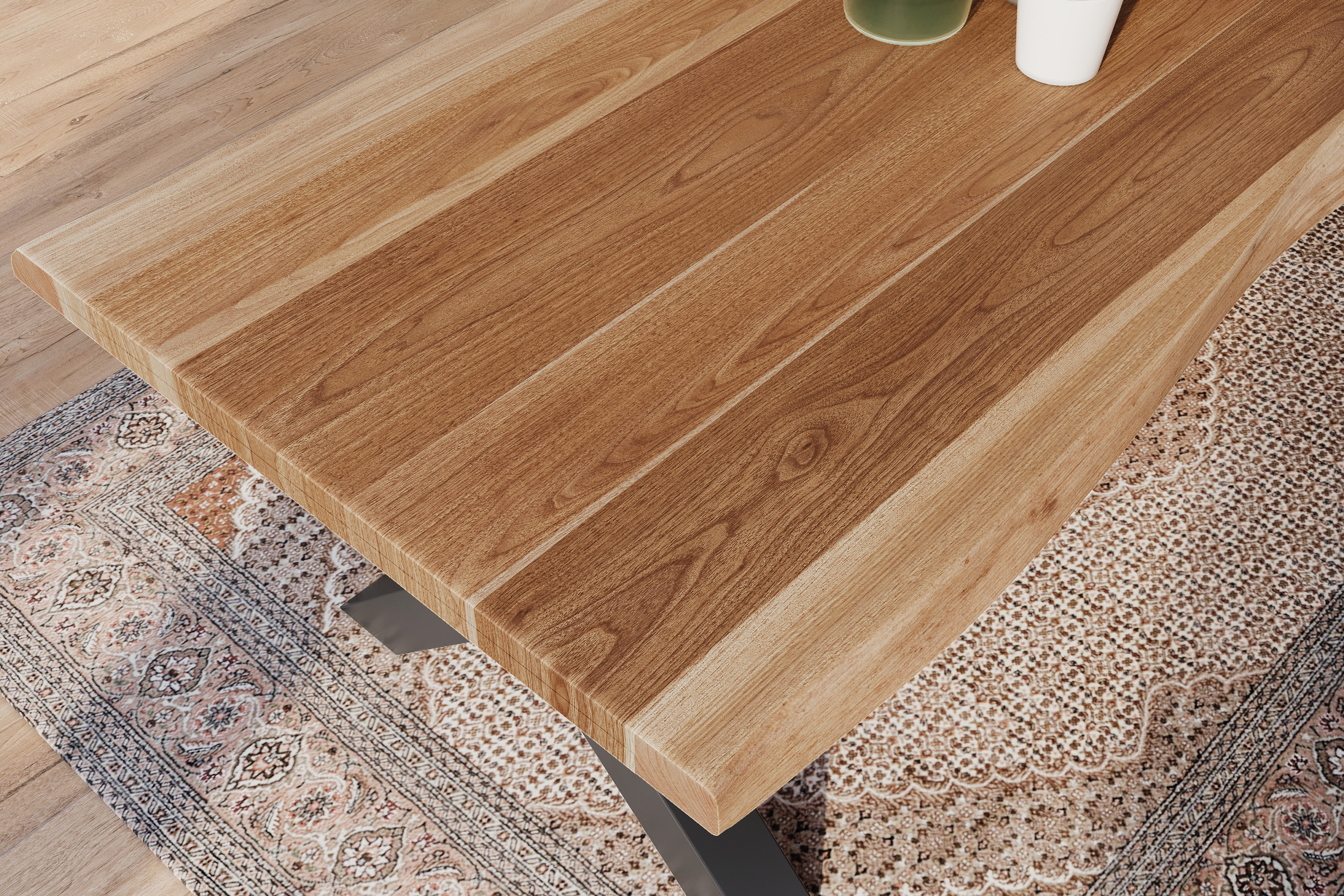Esstisch Baumkante massiv Mango rough 300 x 100 X-Gestell schwarz ATLAS