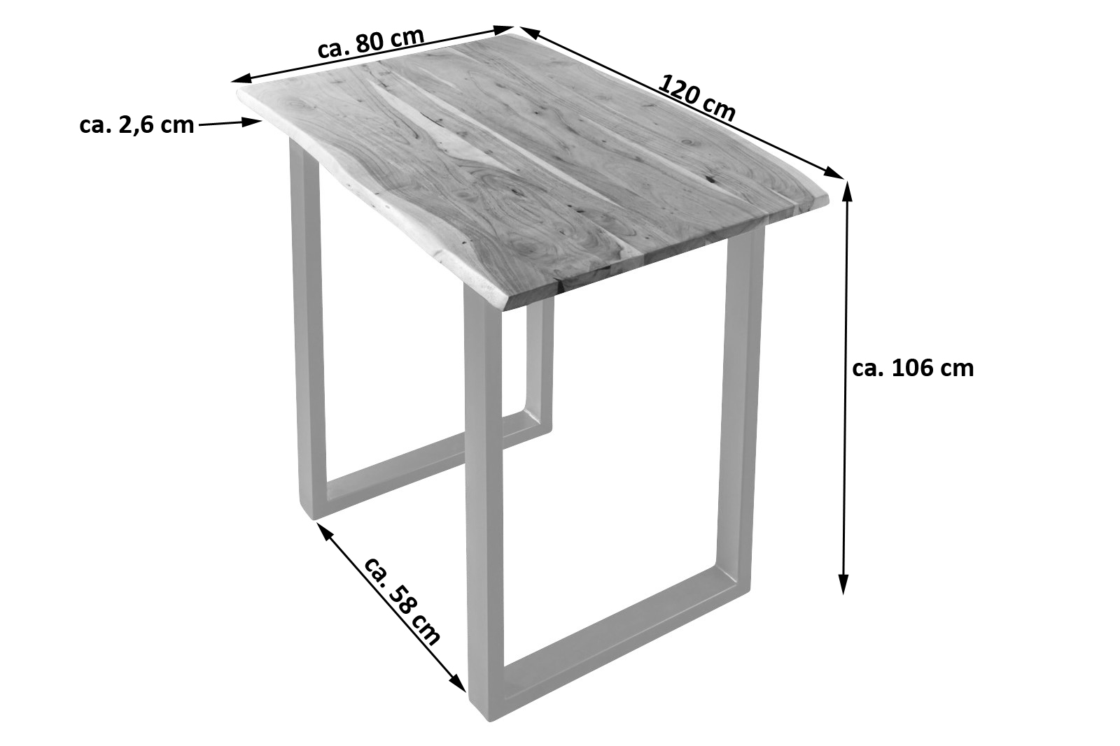  Bartisch Baumkante massiv Akazie natur 120 x 80 silber Quebec