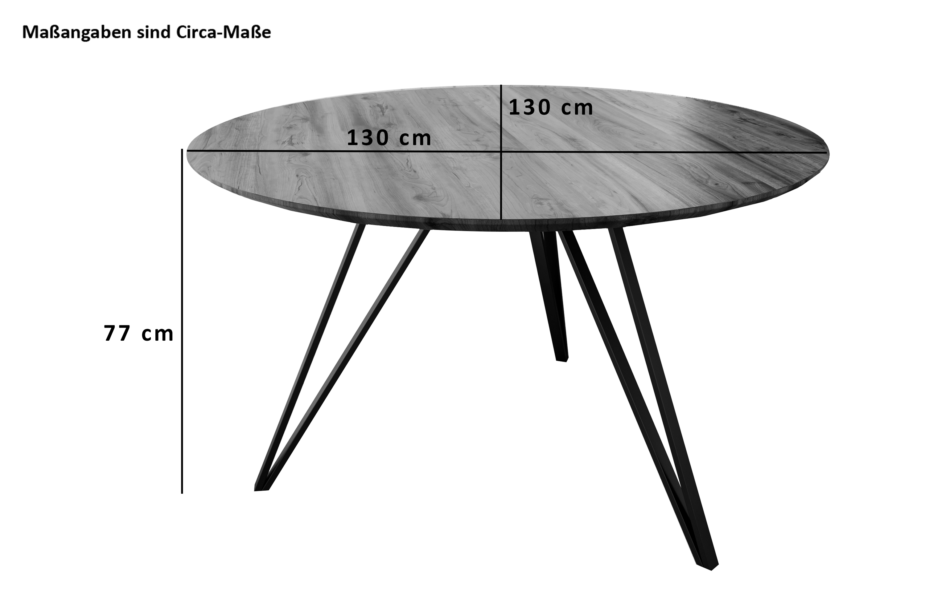  Runder Esszimmertisch Akazie nussbaum Schweizer Kante 130 cm Metallfuß INSA