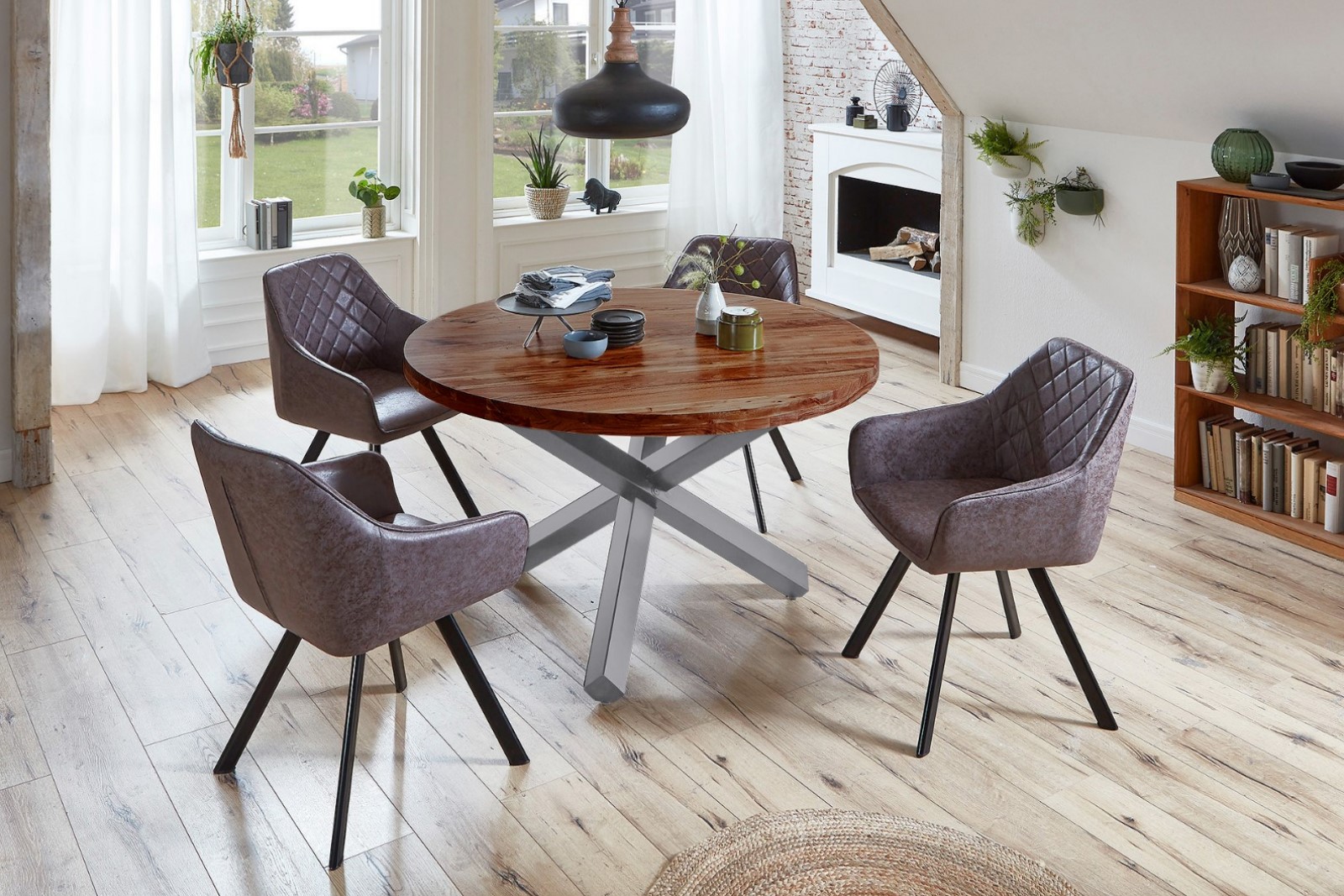  Esszimmertisch rund 140 cm Akazienholz Nussbaum Silber RUNA