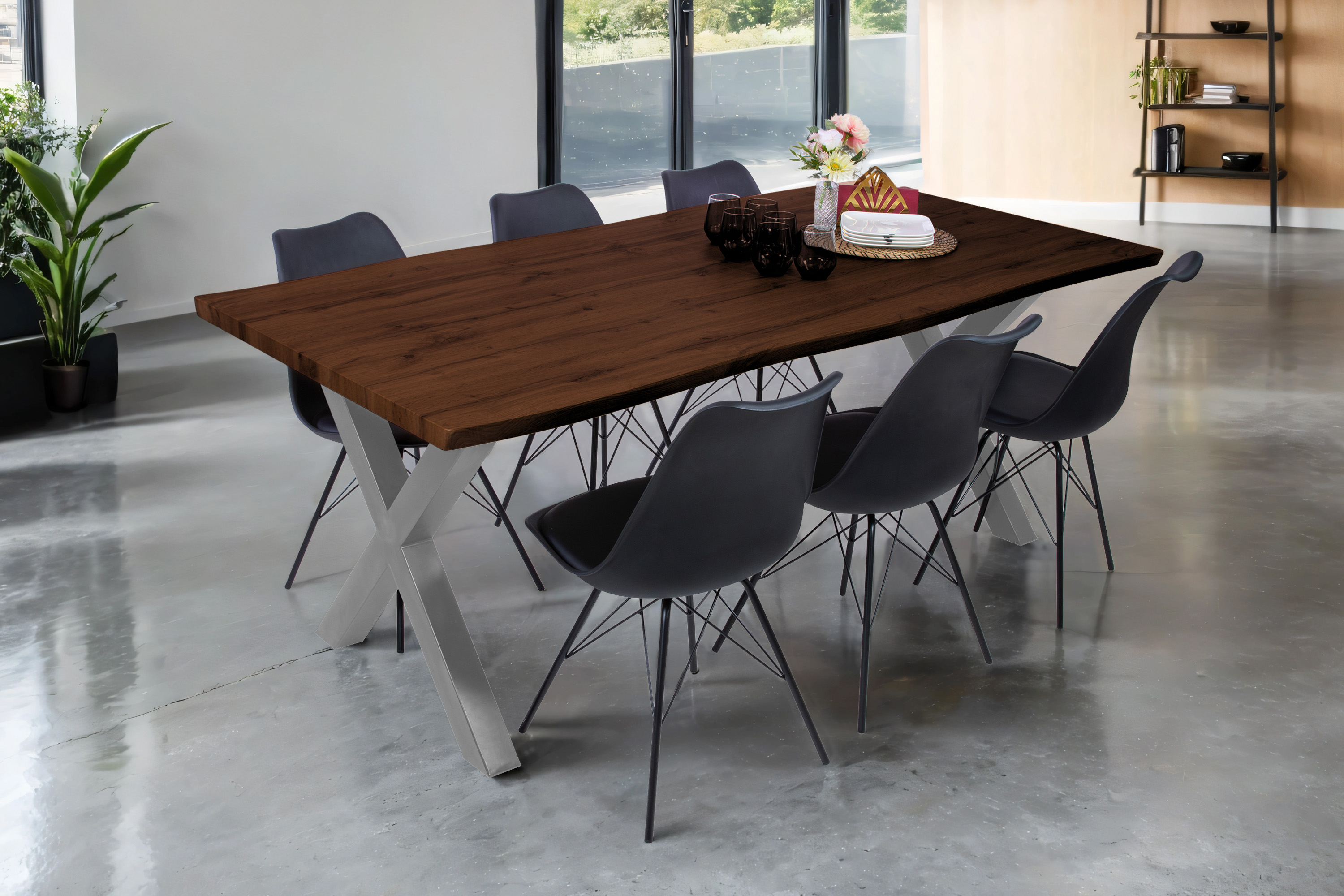 Esstisch Baumkante Holz-Optik Nussbaum 200 x 100 X-Gestell silber JOSY