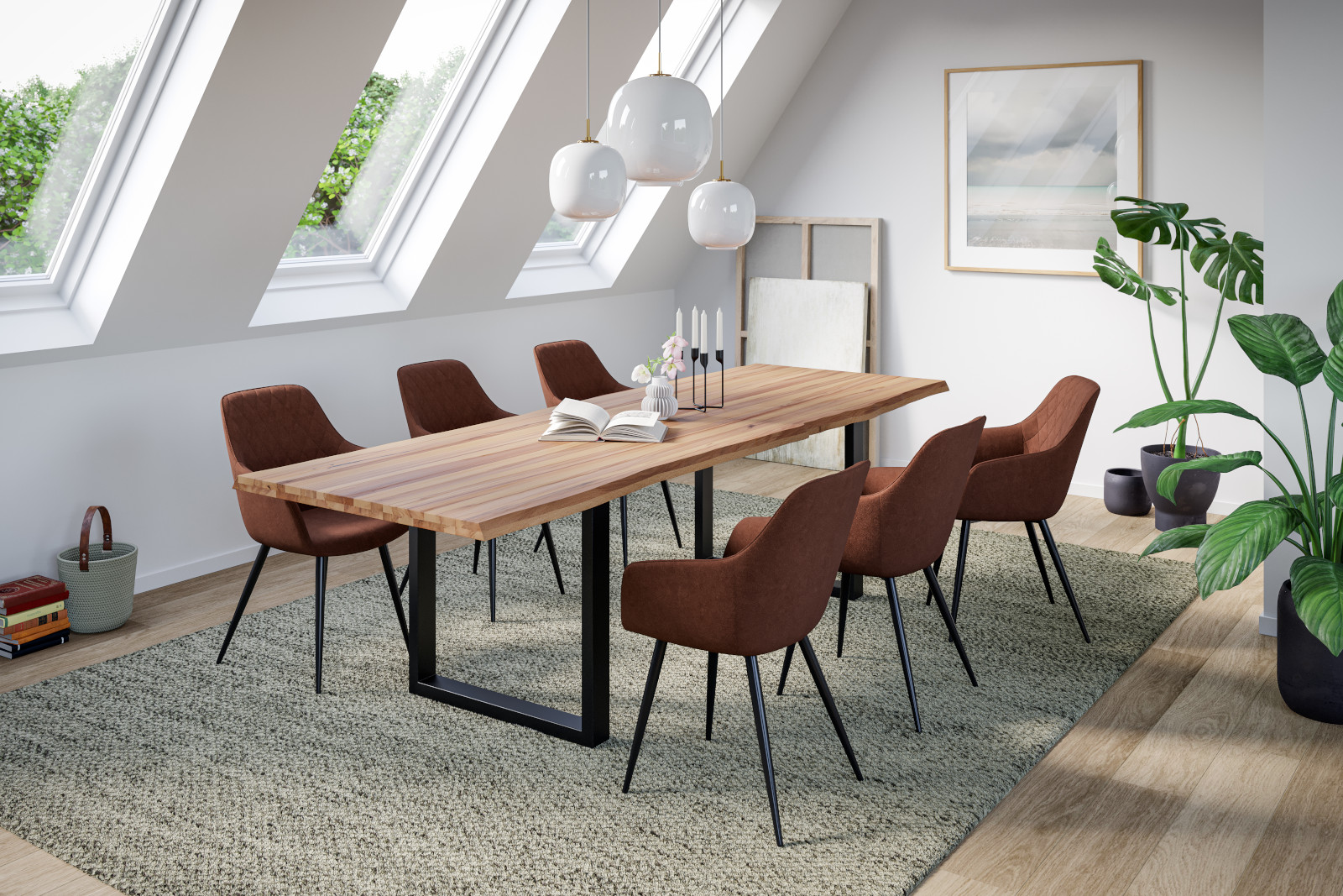  Esstisch Baumkante Massiv Wildbuche 240 x 100 mattschwarz U-Gestell ROMAN