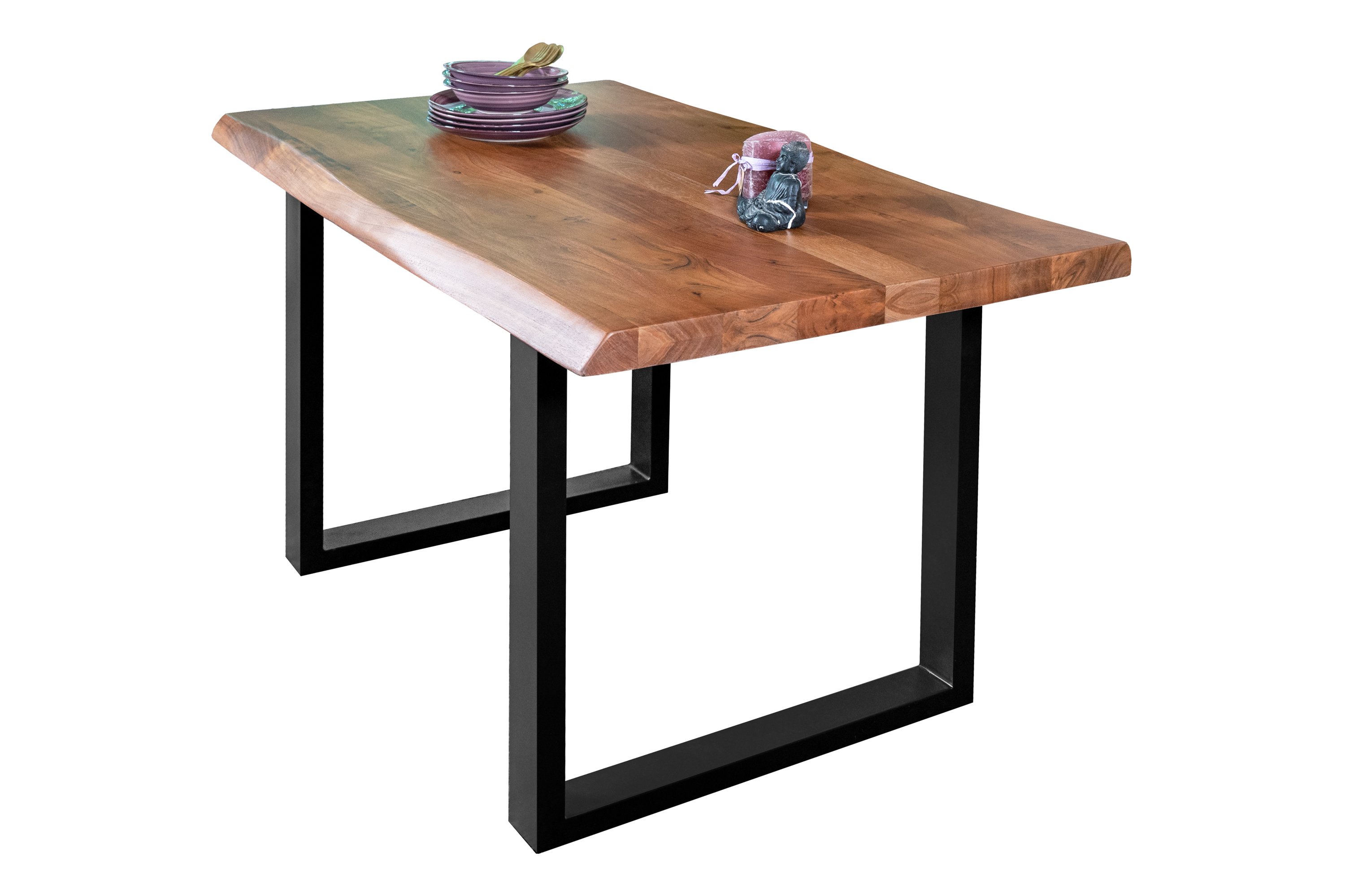 Esstisch Baumkante massiv Akazie Nussbaum 120 x 80 U-Gestell schwarz Cali