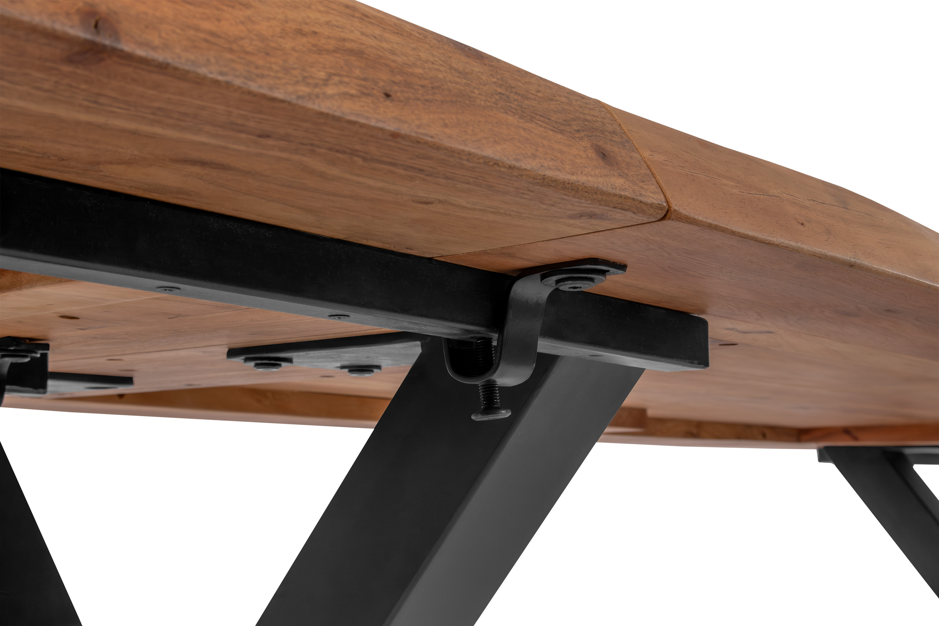 Esstisch Baumkante Akazie natur 180 (280) x 90 X-Gestell schwarz mit Ansteckplatten CALI