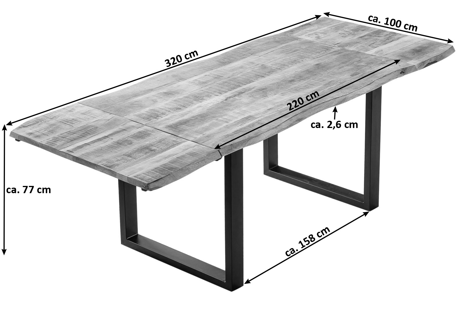 Esstisch Baumkante Mango natur 220 (320) x 100 cm Ansteckplatten schwarz NOAR