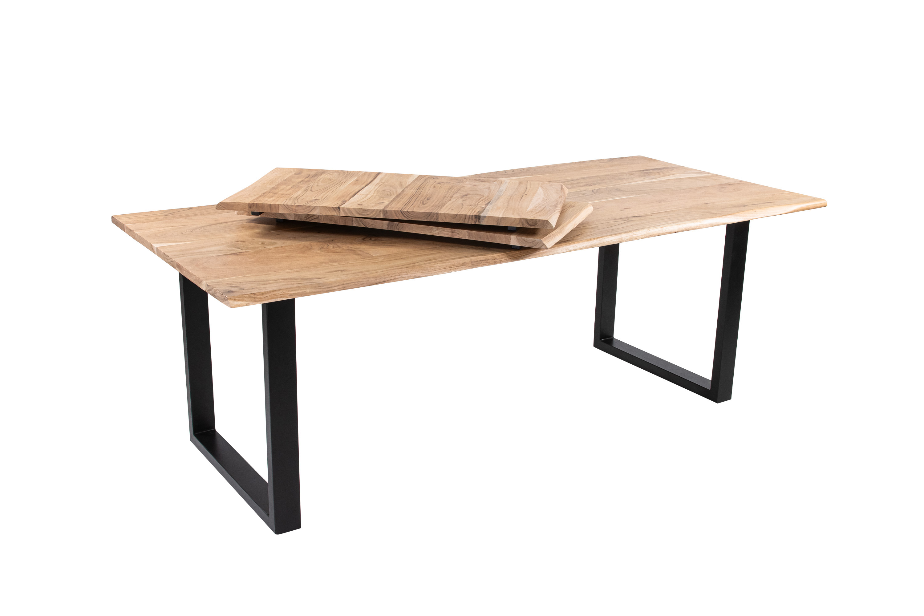 Esstisch Baumkante Akazie natur 200(300)x100 Ansteckplatten U-Gestell schwarz AVINO