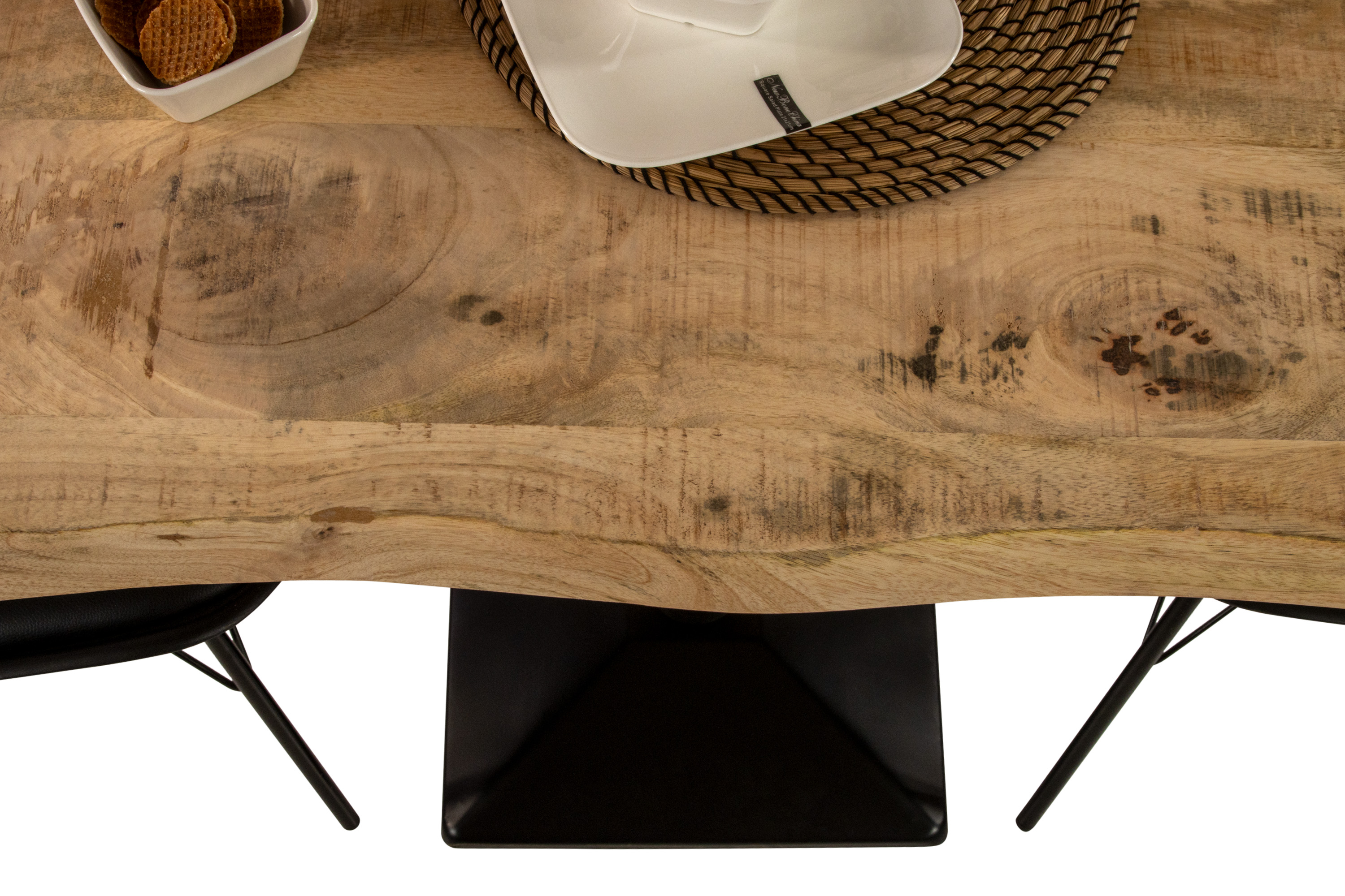 Essgruppe Bistrotisch Baumkante massiv 80 x 60 cm Mango rough schwarz Säulengestell INES