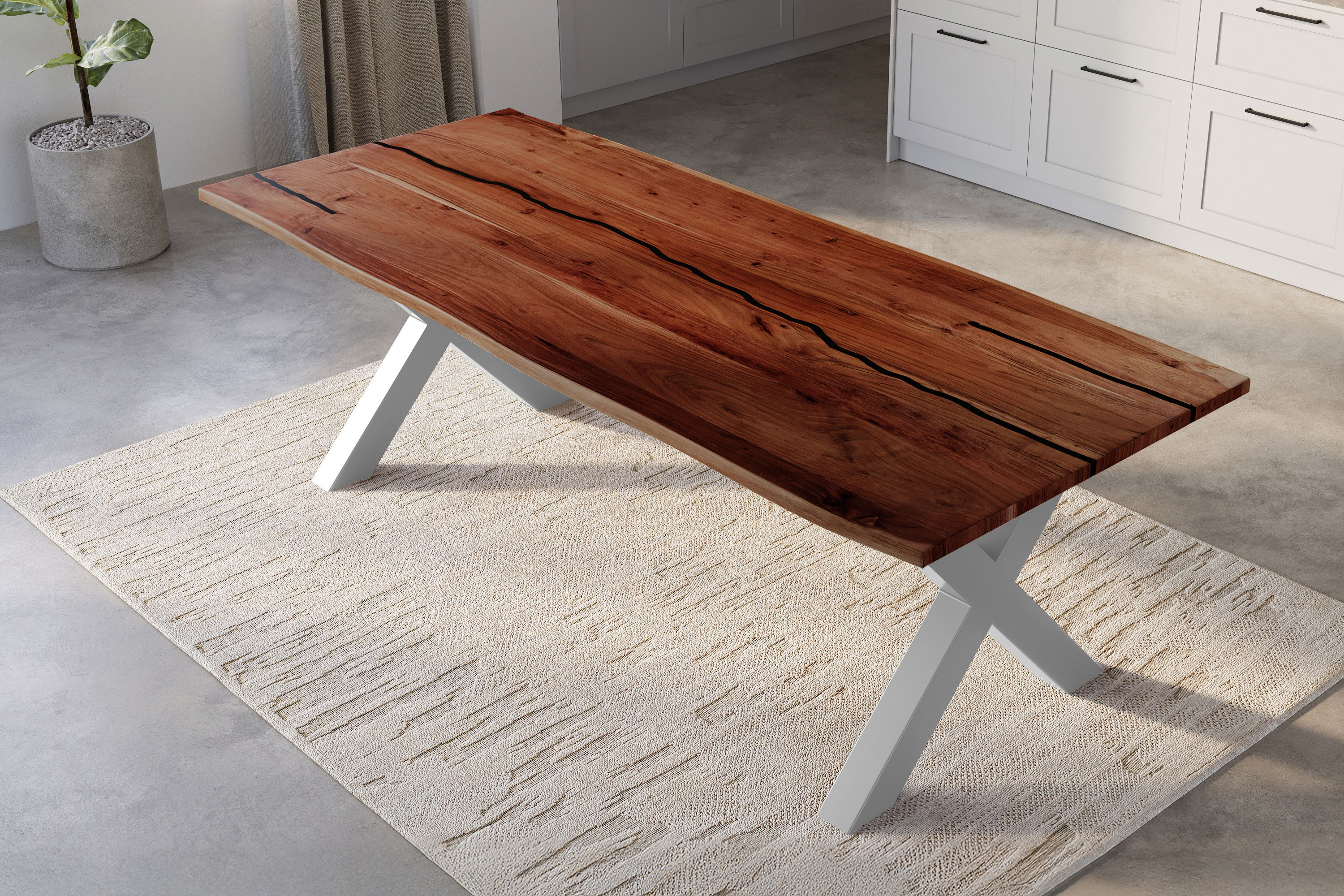 Baumkantentisch Akazie mit schwarzen Resin-Adern nussbaumfarben 280 x 100 cm X-Gestell silber POLLY