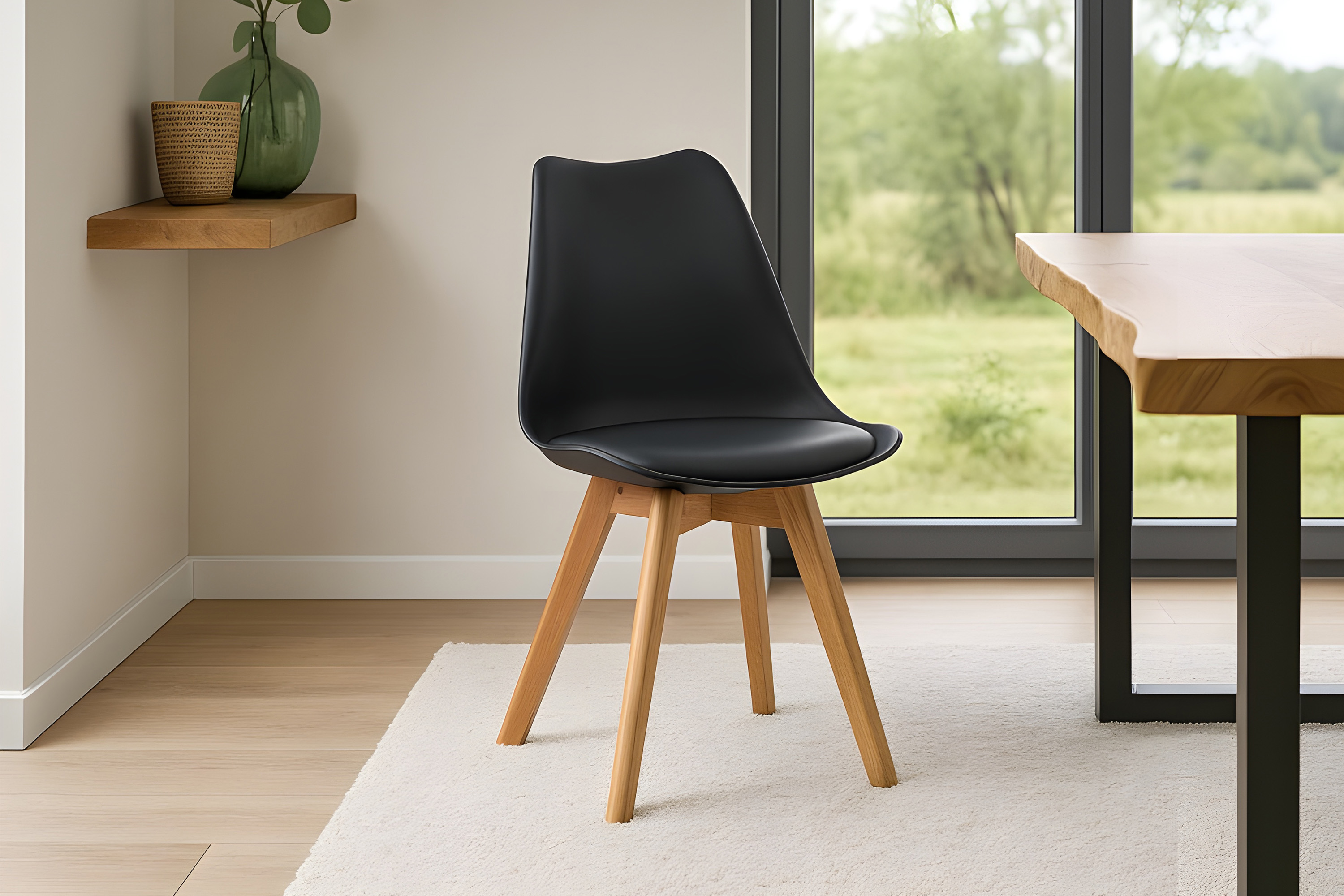 Esszimmer Schalenstuhl & Polster Kunstleder schwarz Stuhlbein Massivholz eichefarben LOVELACE