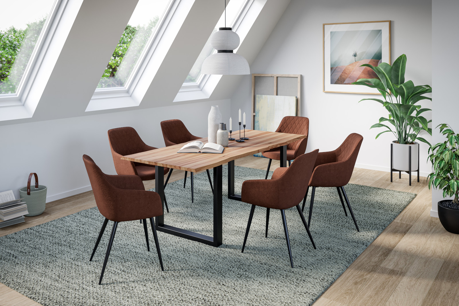Esstisch Baumkante Massiv Wildbuche 160 x 85 mattschwarz U-Gestell GREGOR