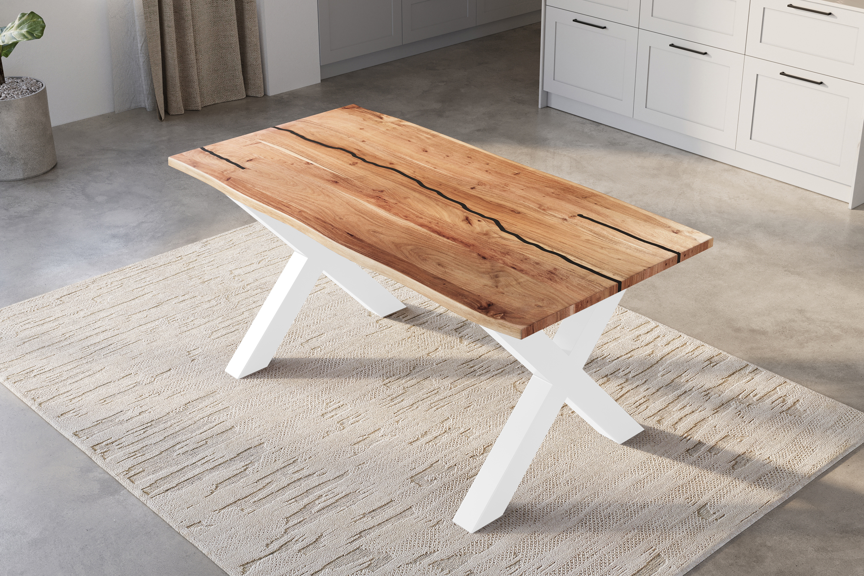 Baumkantentisch Akazie mit schwarzen Resin-Adern naturfarben 140 x 80 cm X-Gestell weiß POLLY
