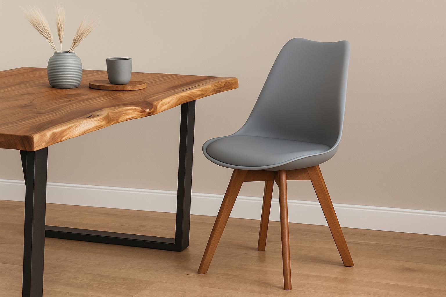 Esszimmer Schalenstuhl & Polster Kunstleder grau Stuhlbein Massivholz akazienfarben LOVELACE