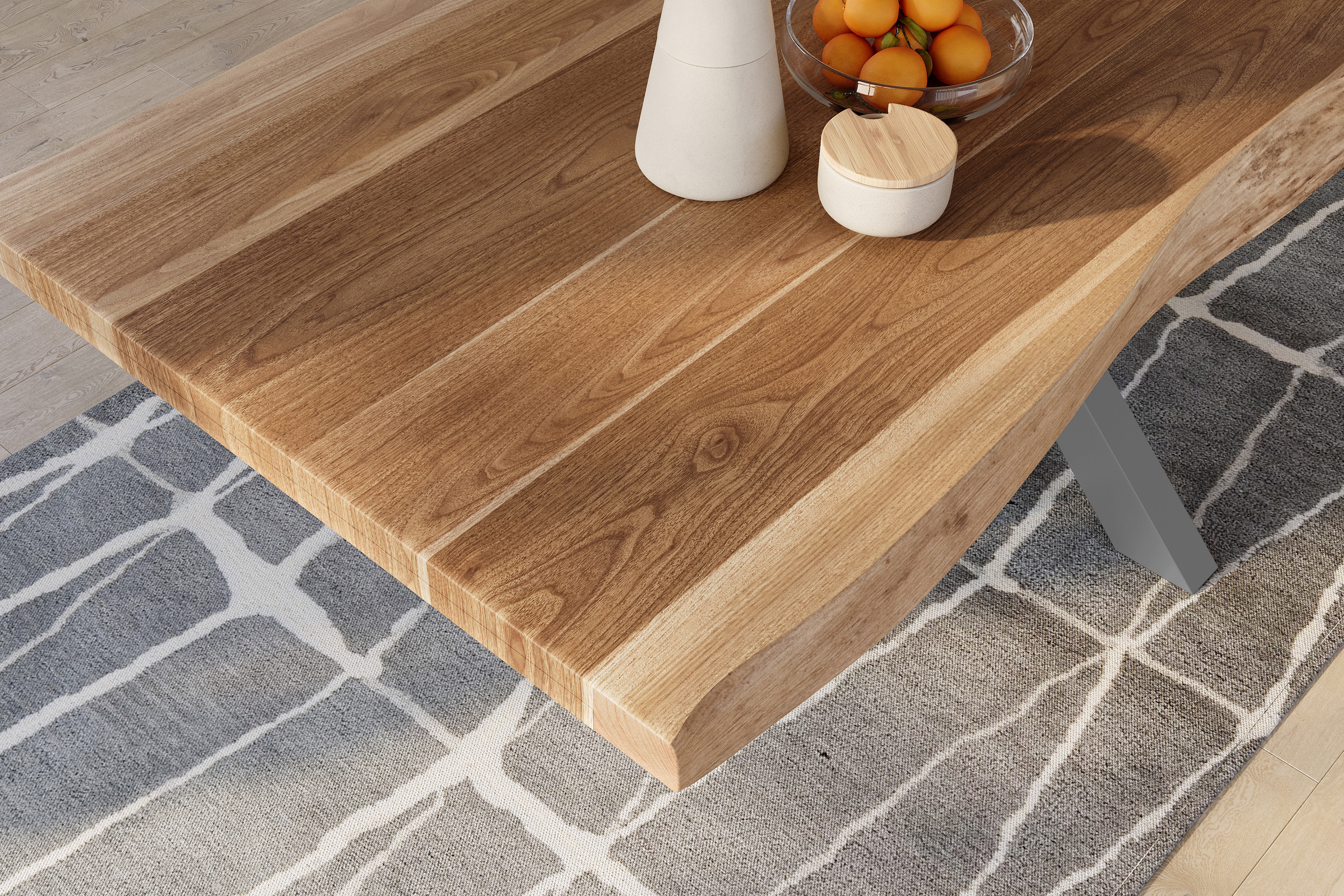 Esstisch Baumkante massiv Akazie natur 240 x 120 Spider-Gestell Metall silber TITAN
