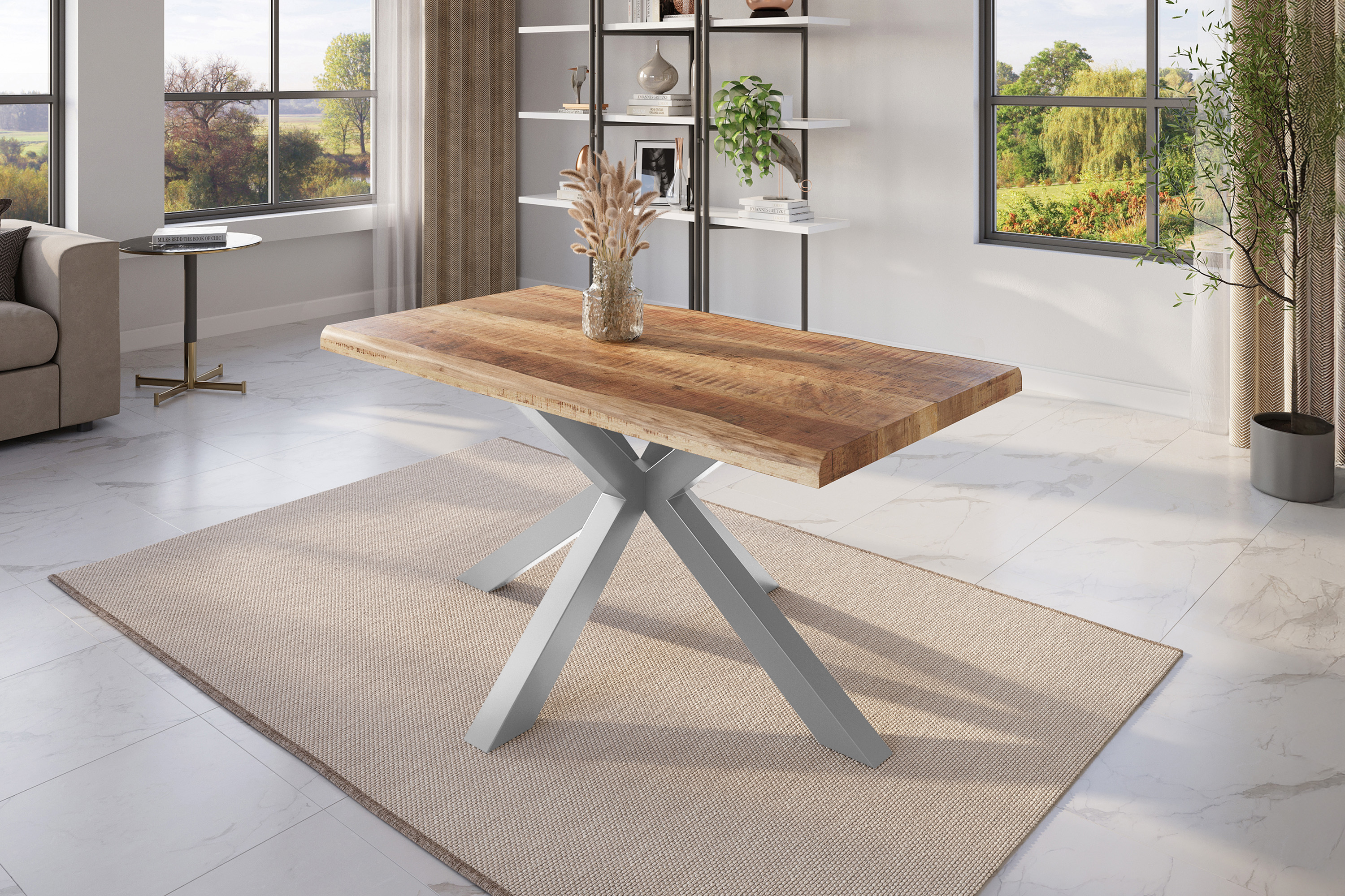 Esstisch Baumkante massiv Mango rough 120 x 80 Spider-Gestell silber ATLAS