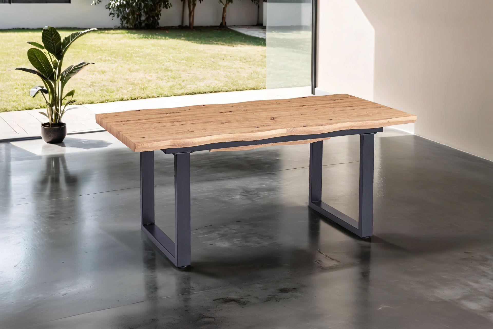 Esstisch Baumkante Holz Wildeiche-Optik 180(260) x 90 U-Gestell schwarz SWAN
