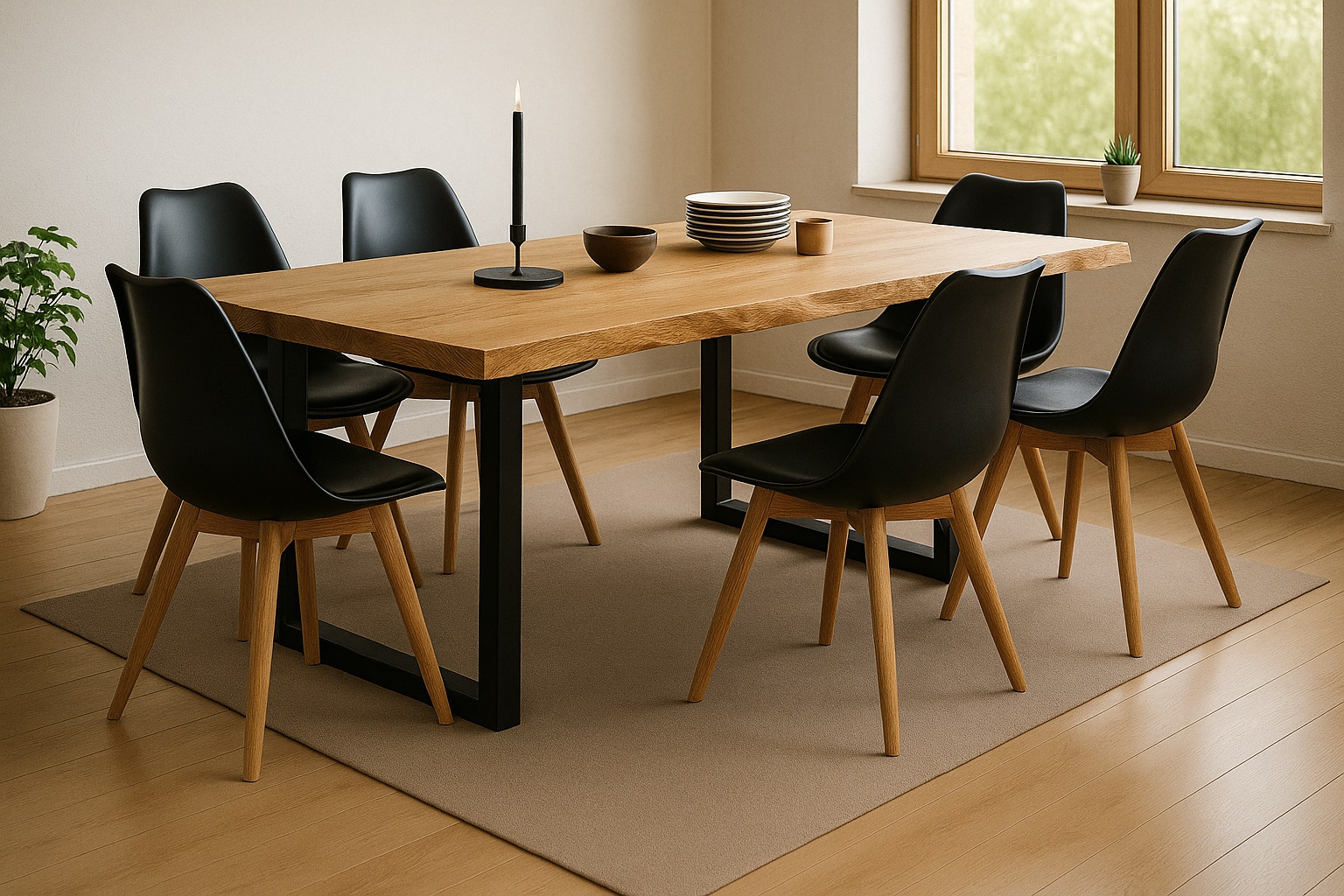Essgruppe Baumkante massiv 200 x 100 cm Wildeiche U-Gestell schwarz & 6 Stühle schwarz SEATTLE