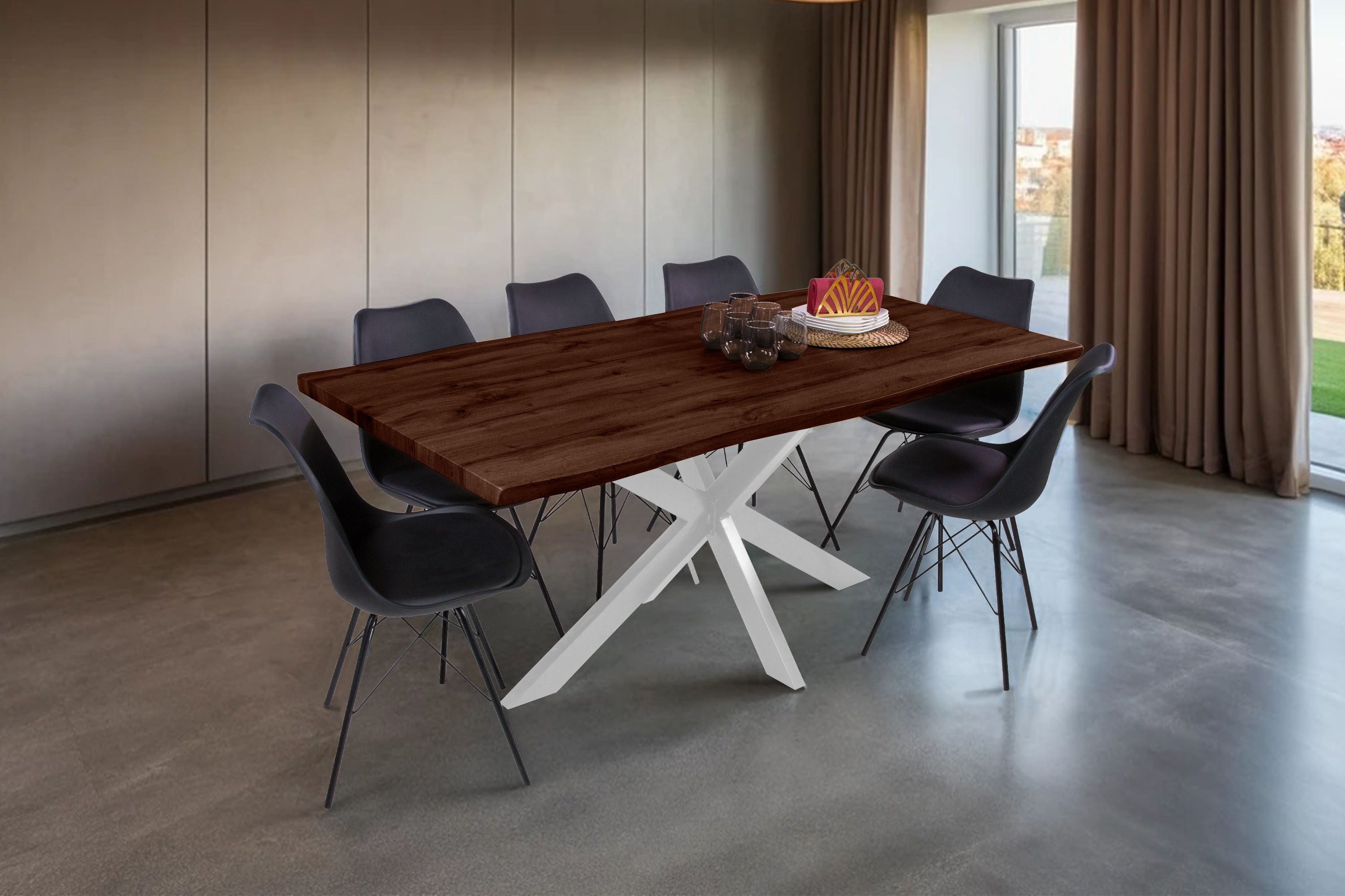 Esstisch Baumkante Holz-Optik Nussbaum 180 x 90 Spider-Gestell weiß JOSY
