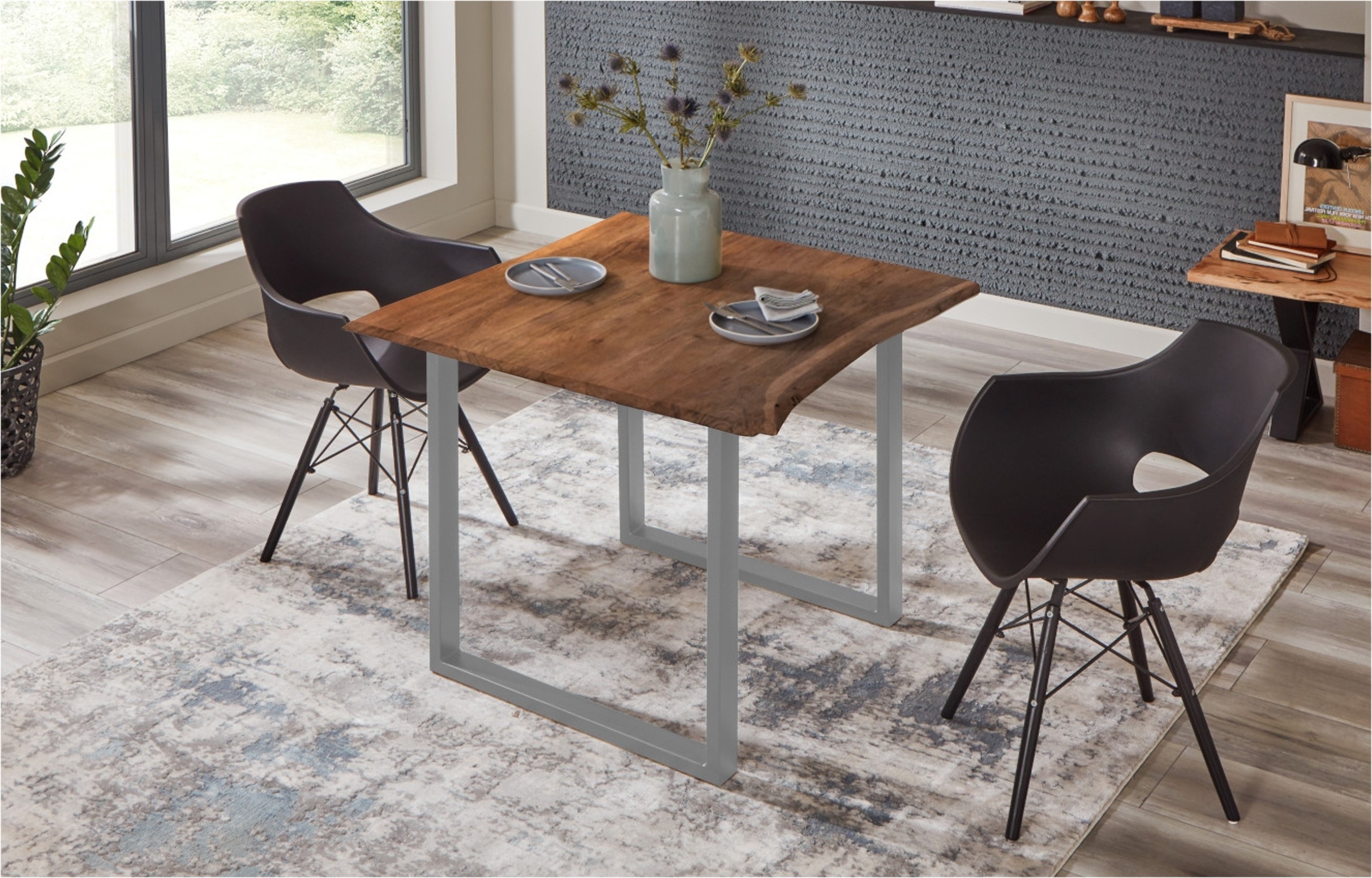 Esstisch Baumkante massiv Akazie nussbaumfarben 90 x 90 cm silber U-Gestell BILLY Esstisch Baumkante massiv Akazie nussbaumfarben 90 x 90 cm silber U-Gestell BILLY