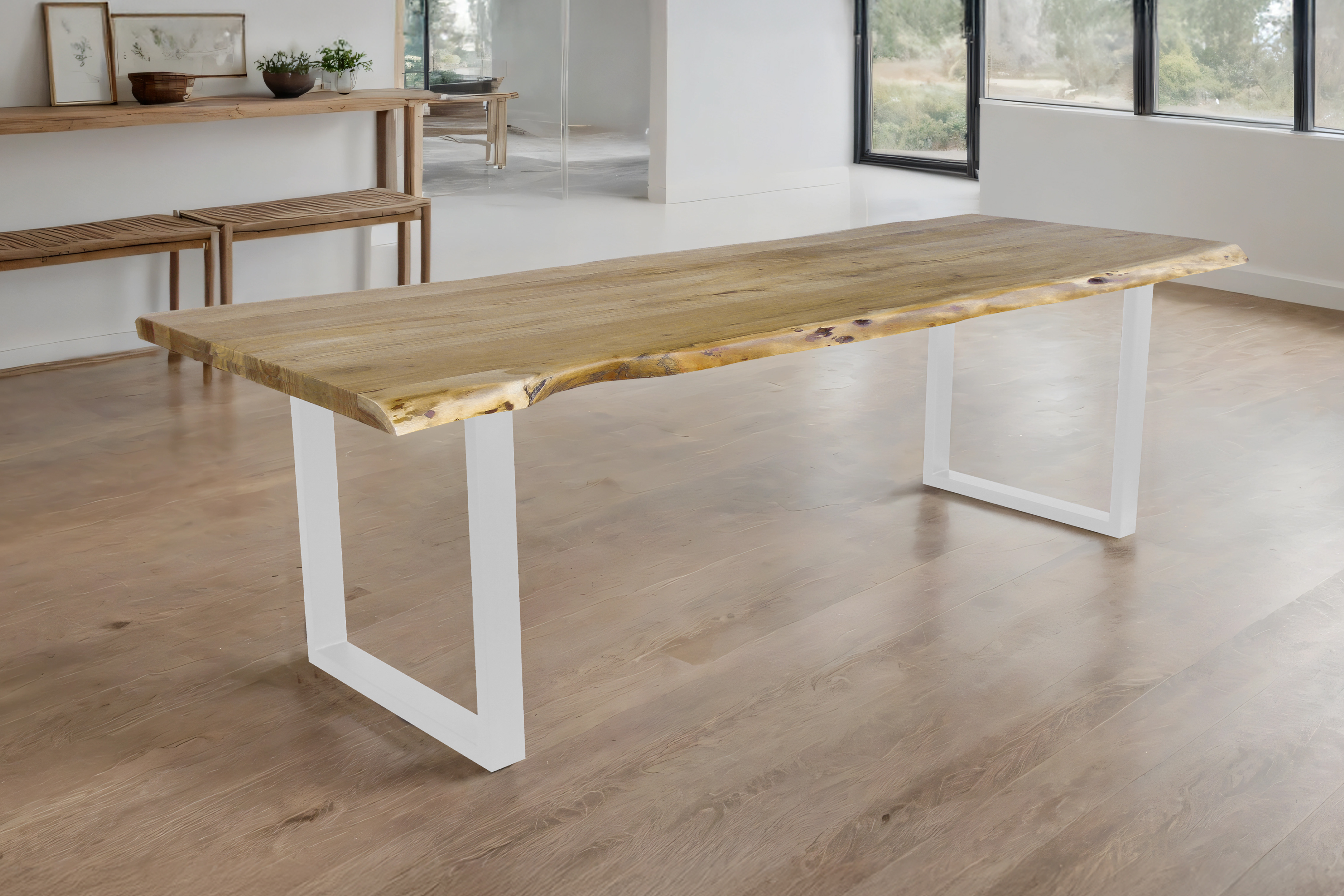 Esstisch Baumkante Akazie massiv eichenfarben 260 x 100 U-Gestell weiß CALI