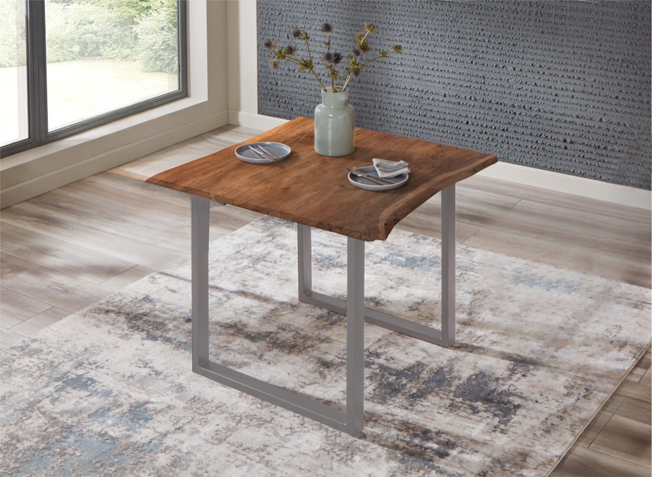 Esstisch Baumkante massiv Akazie nussbaumfarben 90 x 90 cm silber U-Gestell BILLY Esstisch Baumkante massiv Akazie nussbaumfarben 90 x 90 cm silber U-Gestell BILLY