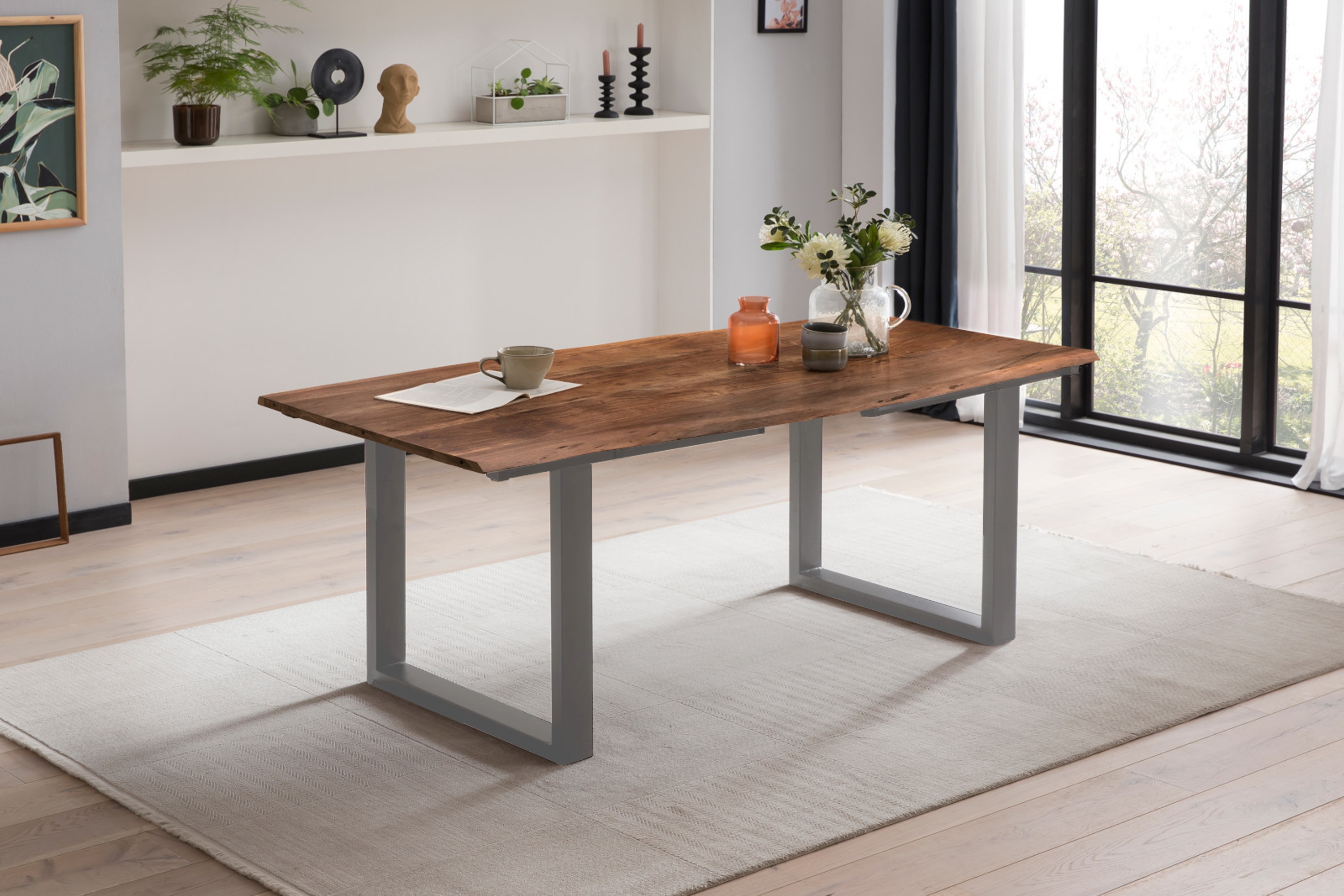 Esstisch Baumkante Akazie nuss 140(220 )x90 Ansteckplatten silber ADINA Esstisch Baumkante Akazie nuss 140(220 )x90 Ansteckplatten silber ADINA