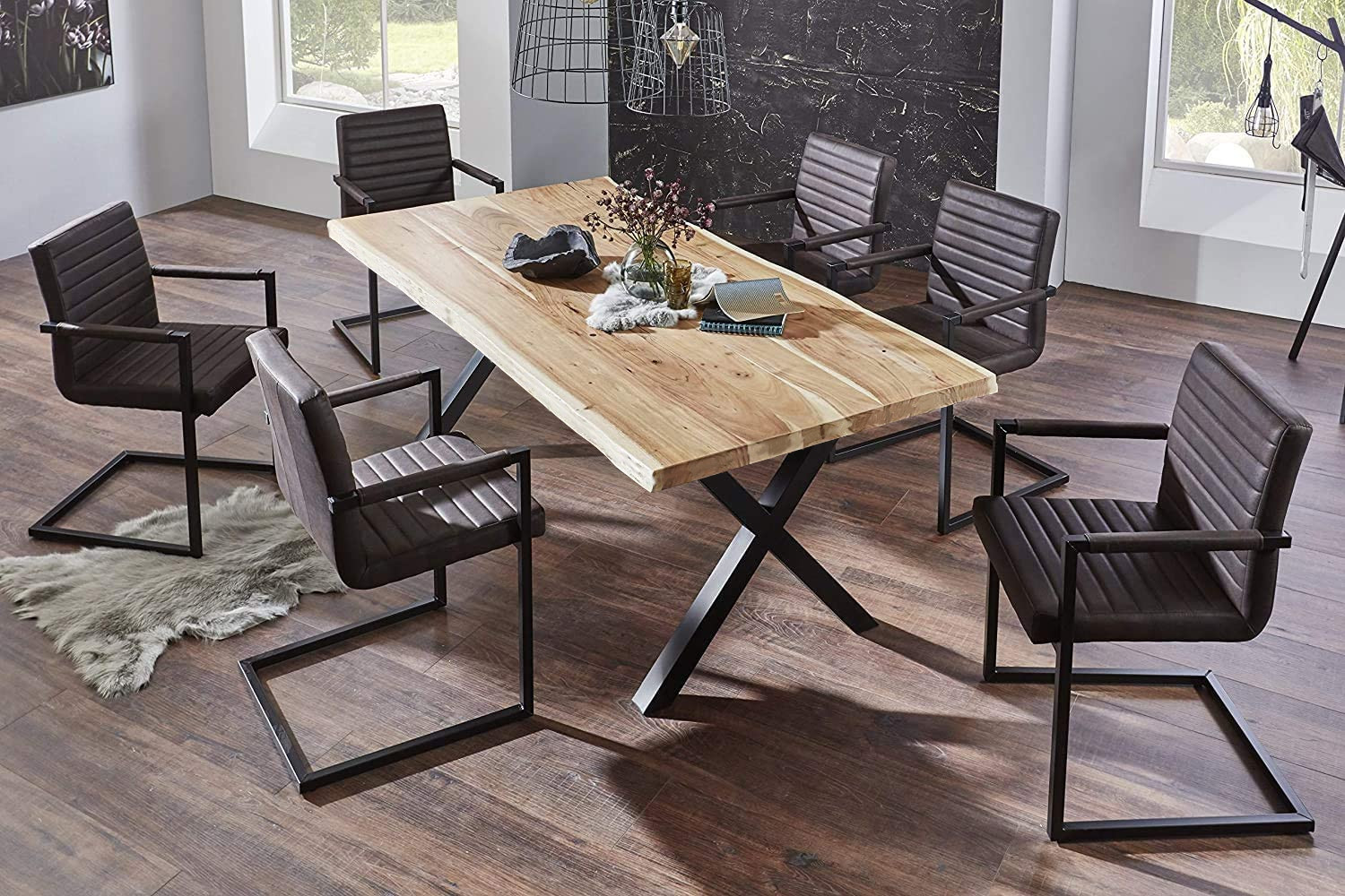  Esstisch Baumkante massiv Akazie natur 260 x 100 schwarz X-Gestell XEREZ