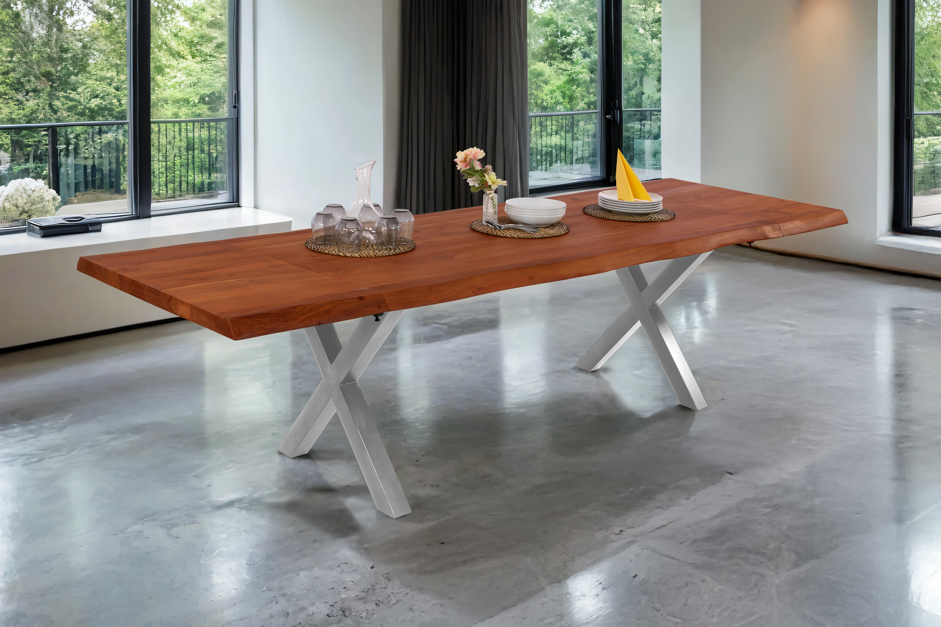 Esstisch Baumkante Akazie nuss 140 (220) x 90 cm X-Gestell silber mit Ansteckplatten CALI
