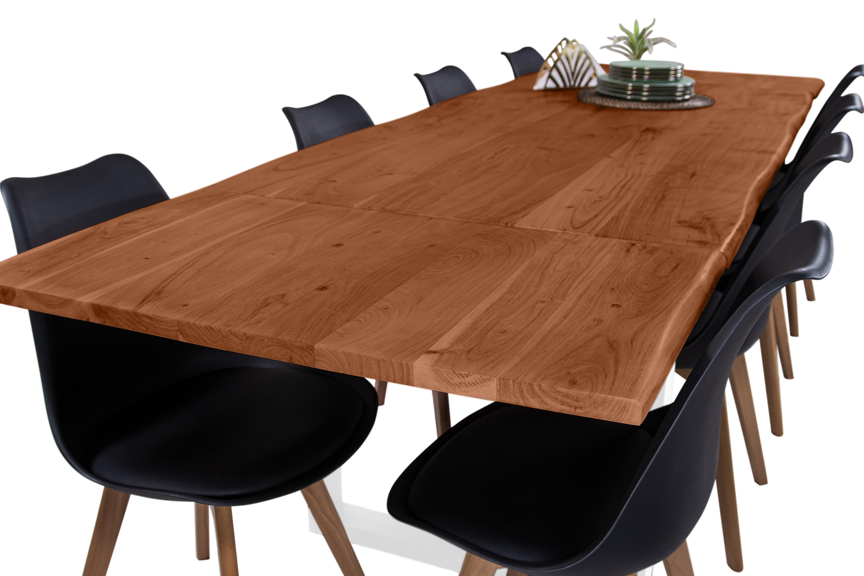 Esstisch Baumkante Akazie nuss 180(280)x90 Ansteckplatten U-Gestell weiß AVINO