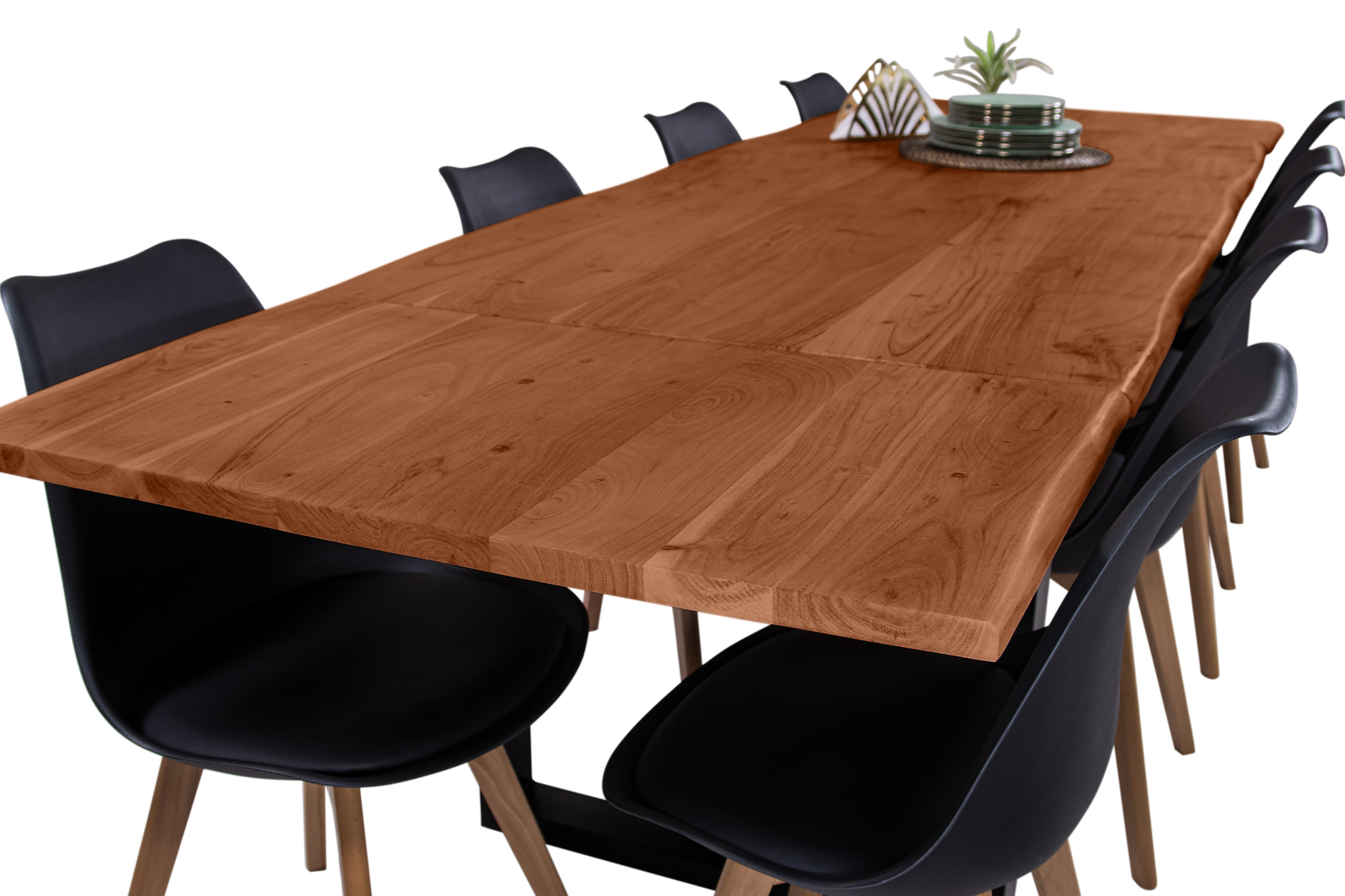 Esstisch Baumkante Akazie nuss 180(280)x90 Ansteckplatten U-Gestell schwarz AVINO