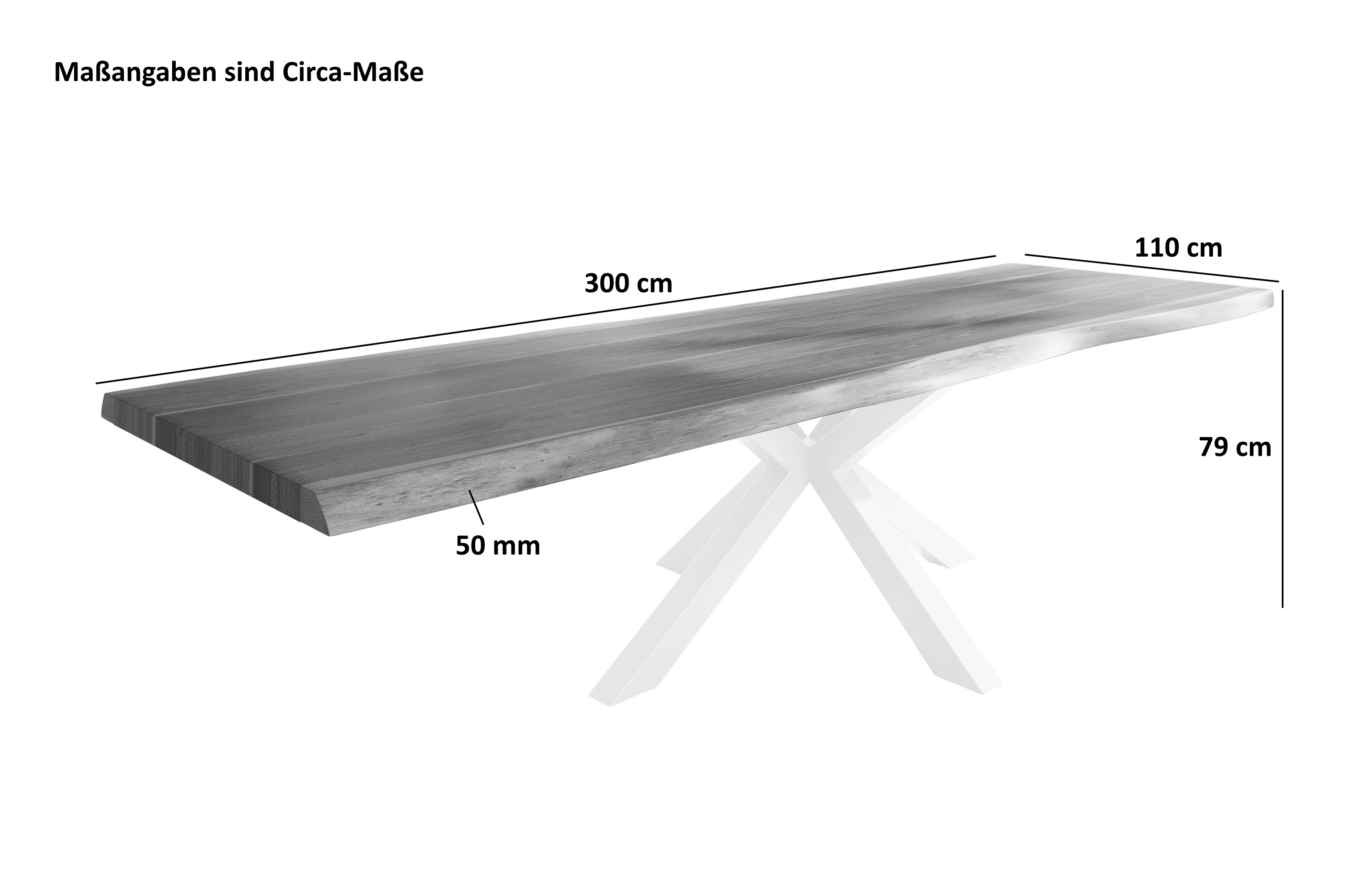 Esstisch Baumkante massiv Akazie nussbaumfarben 300 x 110 Spider-Gestell Metall silber TITAN