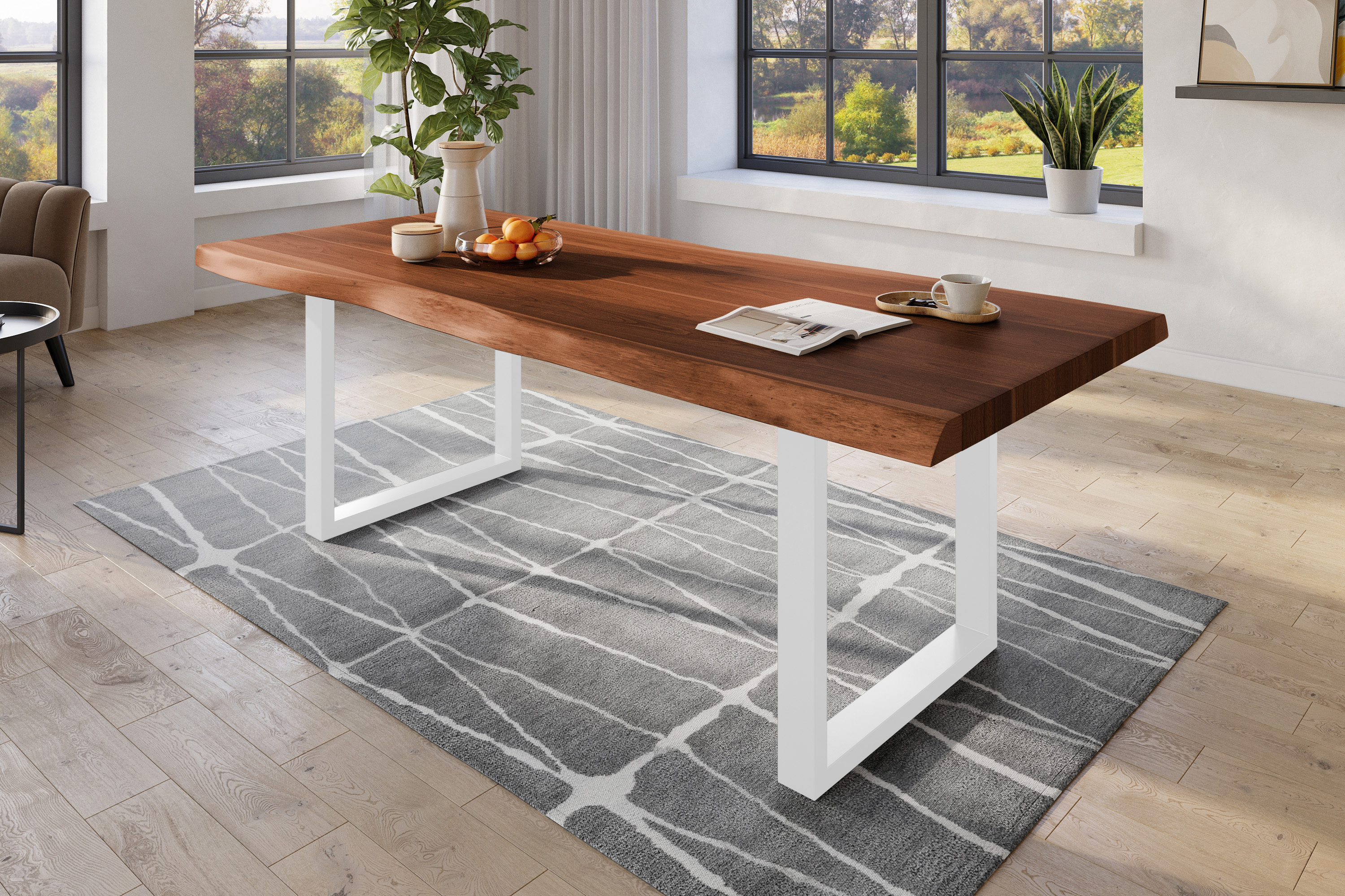 Esstisch Baumkante massiv Akazie nussbaumfarben 240 x 110 U-Gestell Metall weiß TITAN