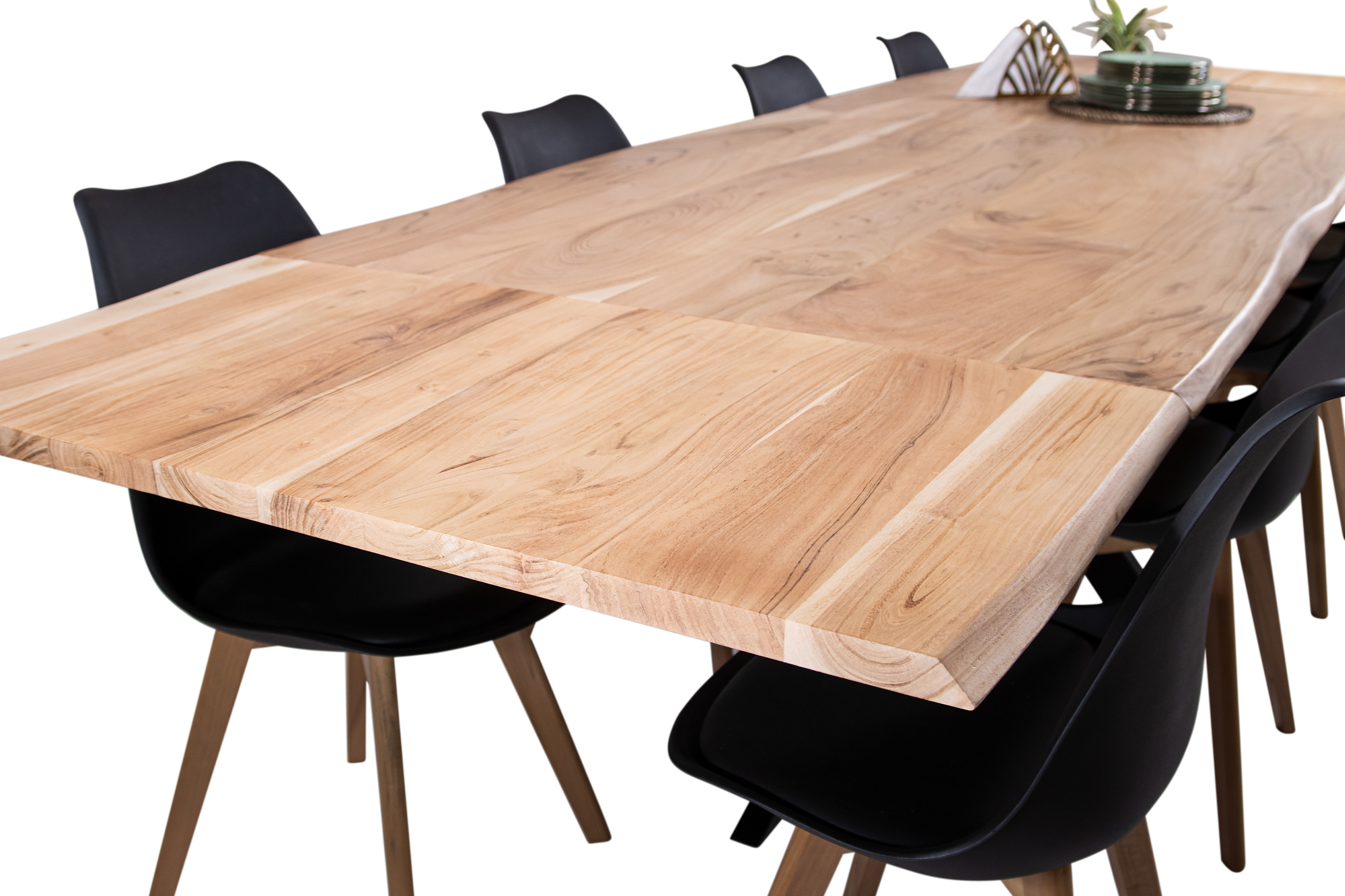 Esstisch Baumkante Akazie natur 220(320)x100 Ansteckplatten Spider-Gestell schwarz AVINO