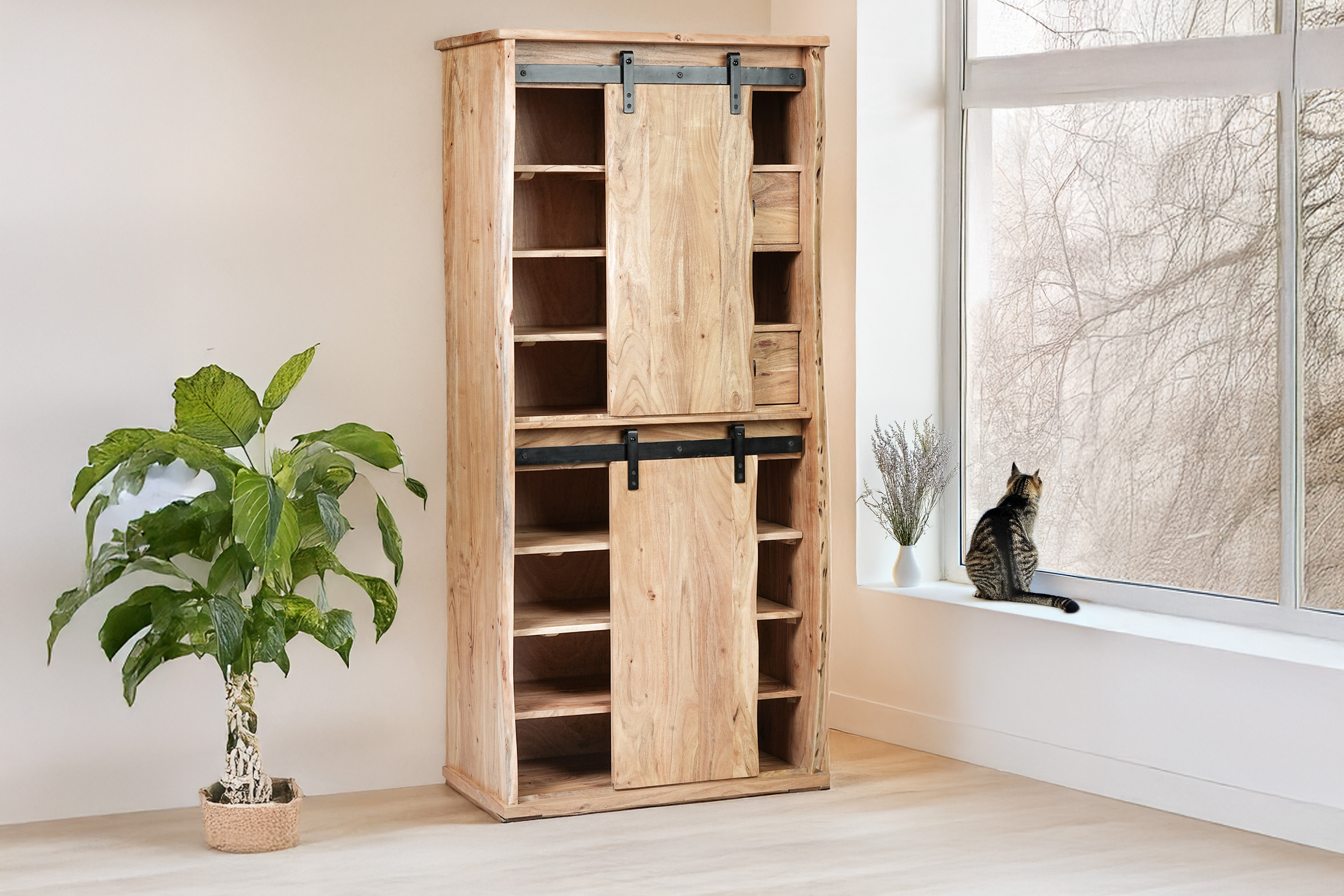 Highboard Baumkante 80 x 45 x 175 cm Akazienholz massiv naturfarben LIAN III