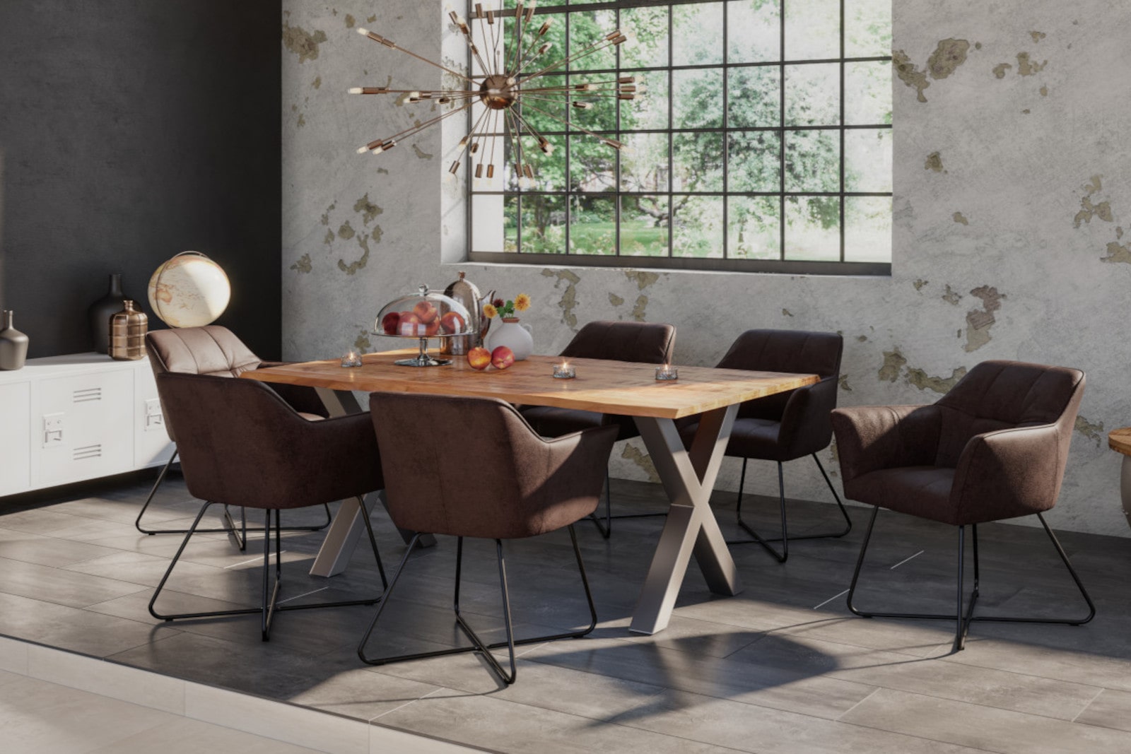 Esstisch Baumkante Massiv Mango naturfarben 160 x 85 silber X-Gestell DORA