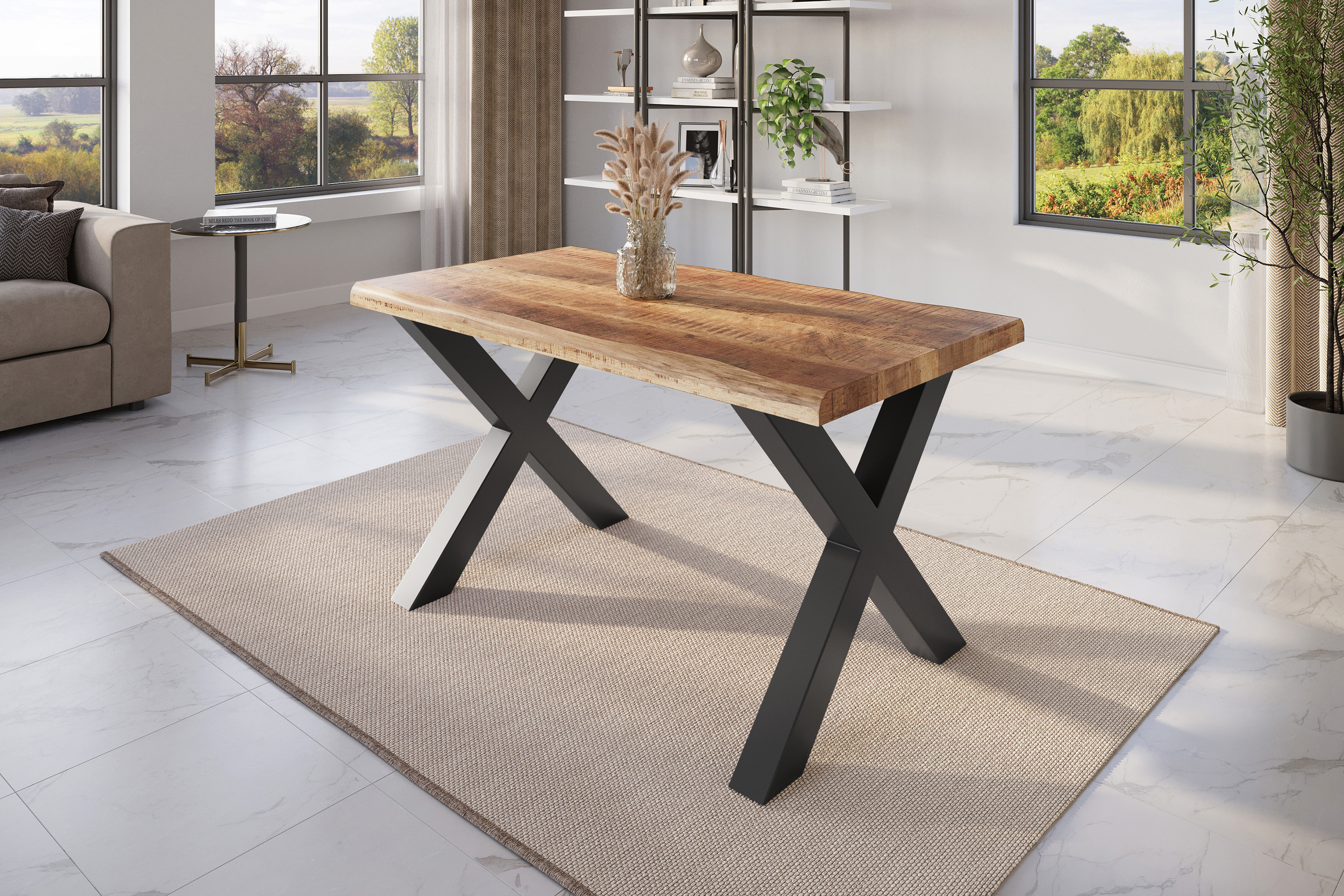 Esstisch Baumkante massiv Mango rough 120 x 80 X-Gestell schwarz ATLAS