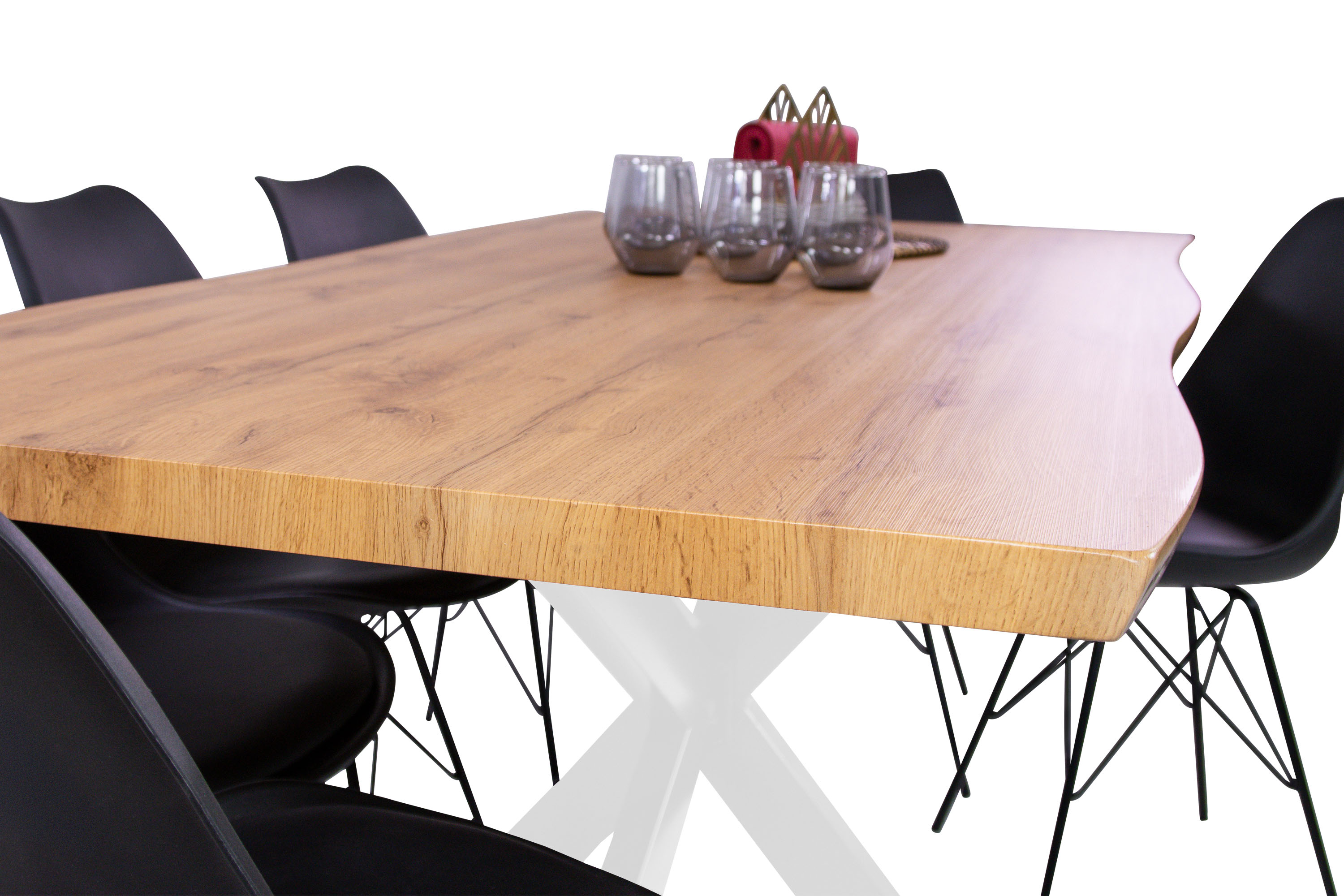 Esstisch Baumkante Holz-Optik Wildeiche 180 x 90 Spider-Gestell weiß JOSY