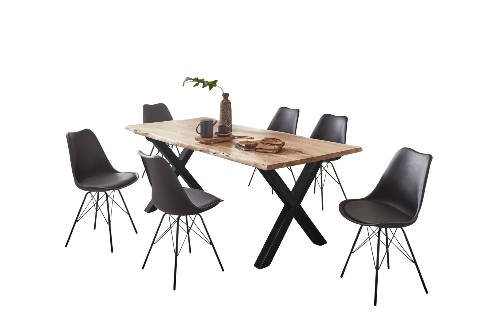 Esstisch Baumkante Akazie naturfarben 240 x 100 cm X-Gestell schwarz FREDERIK