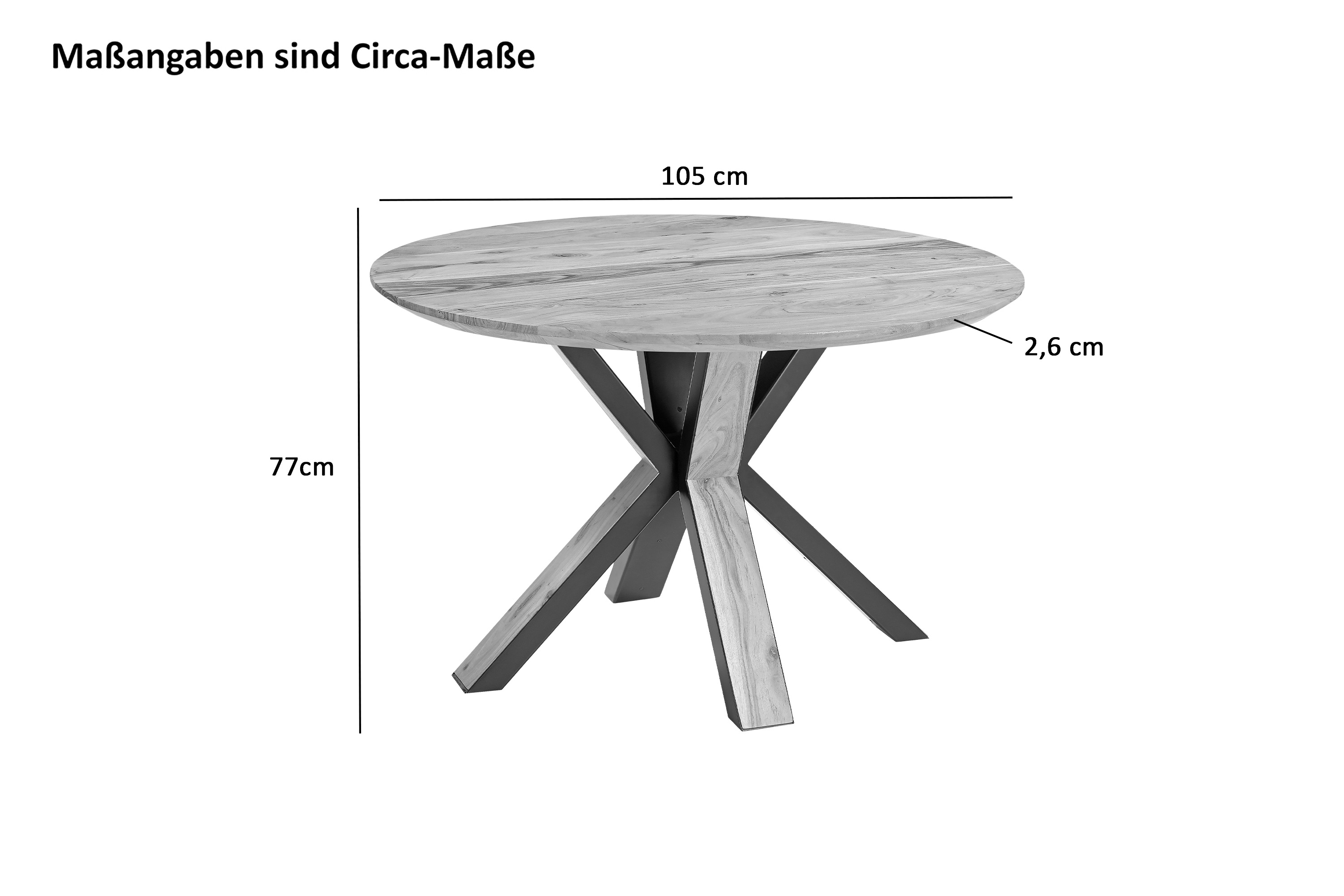 Runder Esszimmertisch Akazie naturfarben Schweizer Kante 105 cm Spider-Gestell schwarz aus Metall + Holz KIMBERLY
