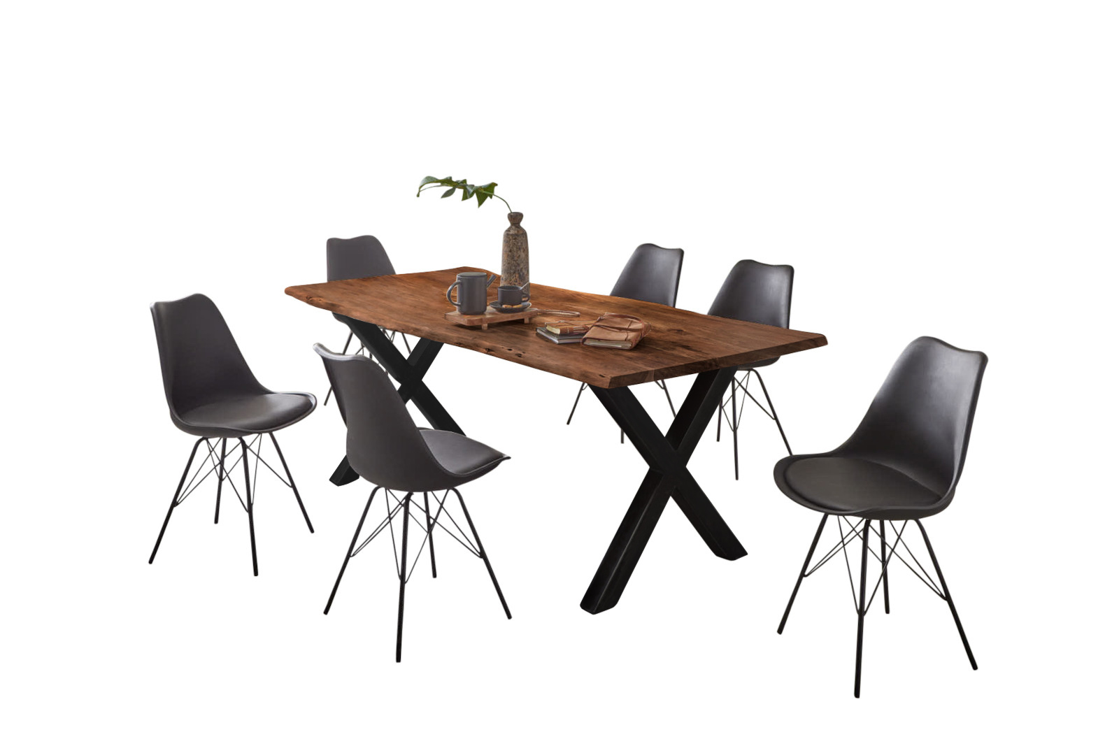 Esstisch Baumkante Akazie nussbaumfarben 240 x 100 cm X-Gestell schwarz FREDERIK