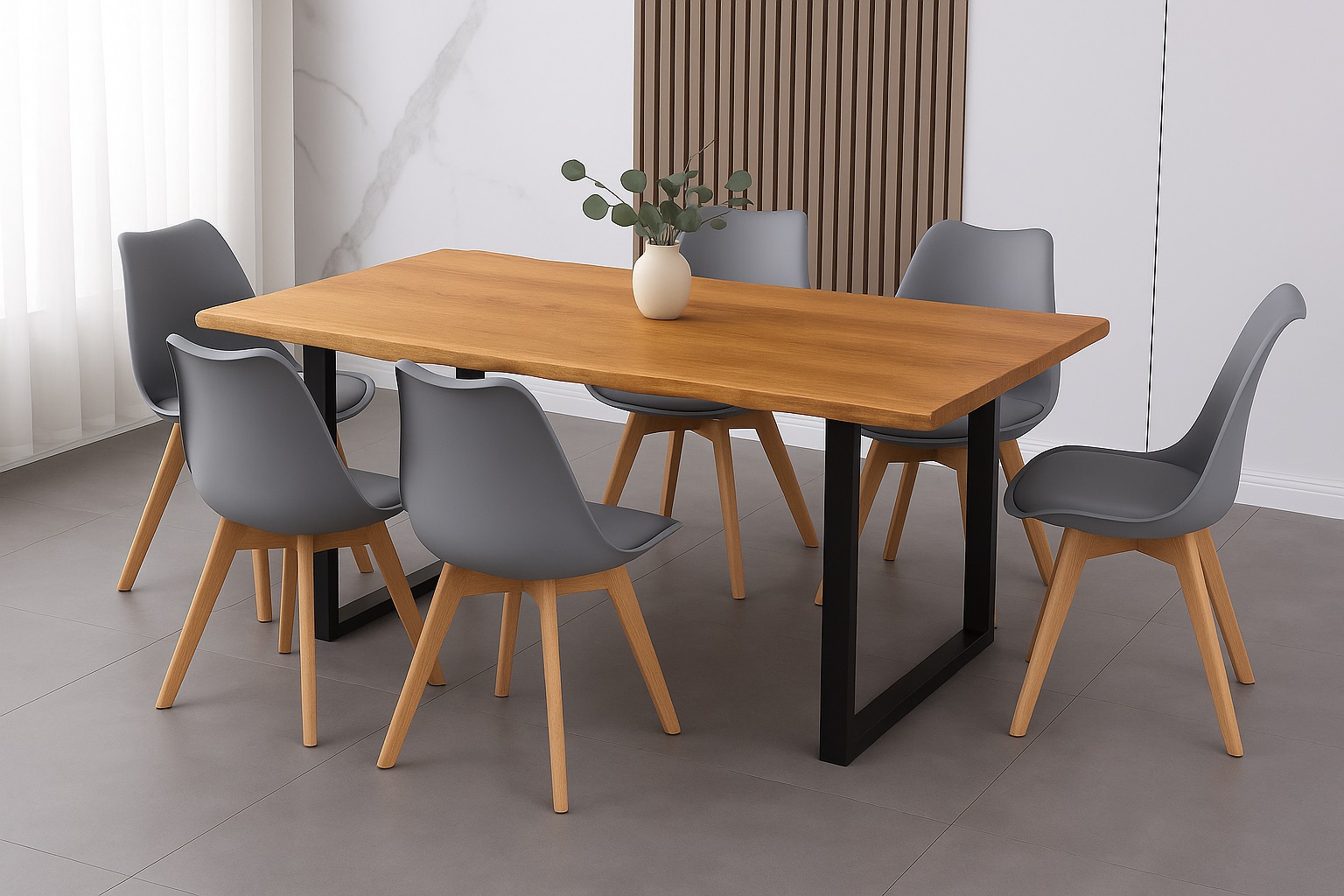 Essgruppe Baumkante massiv 220 x 100 cm Holz Wildeiche-Optik U-Gestell schwarz & 6 Stühle grau JOSY