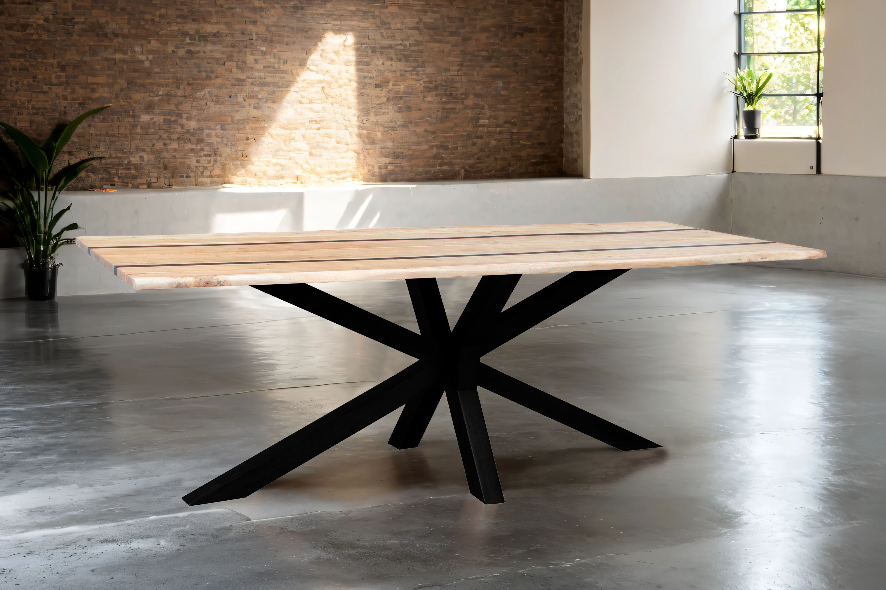 Esstisch 240 x 100 cm Akazie massiv natur mit schwarzen Resin-Adern Spider-Gestell schwarz PETER