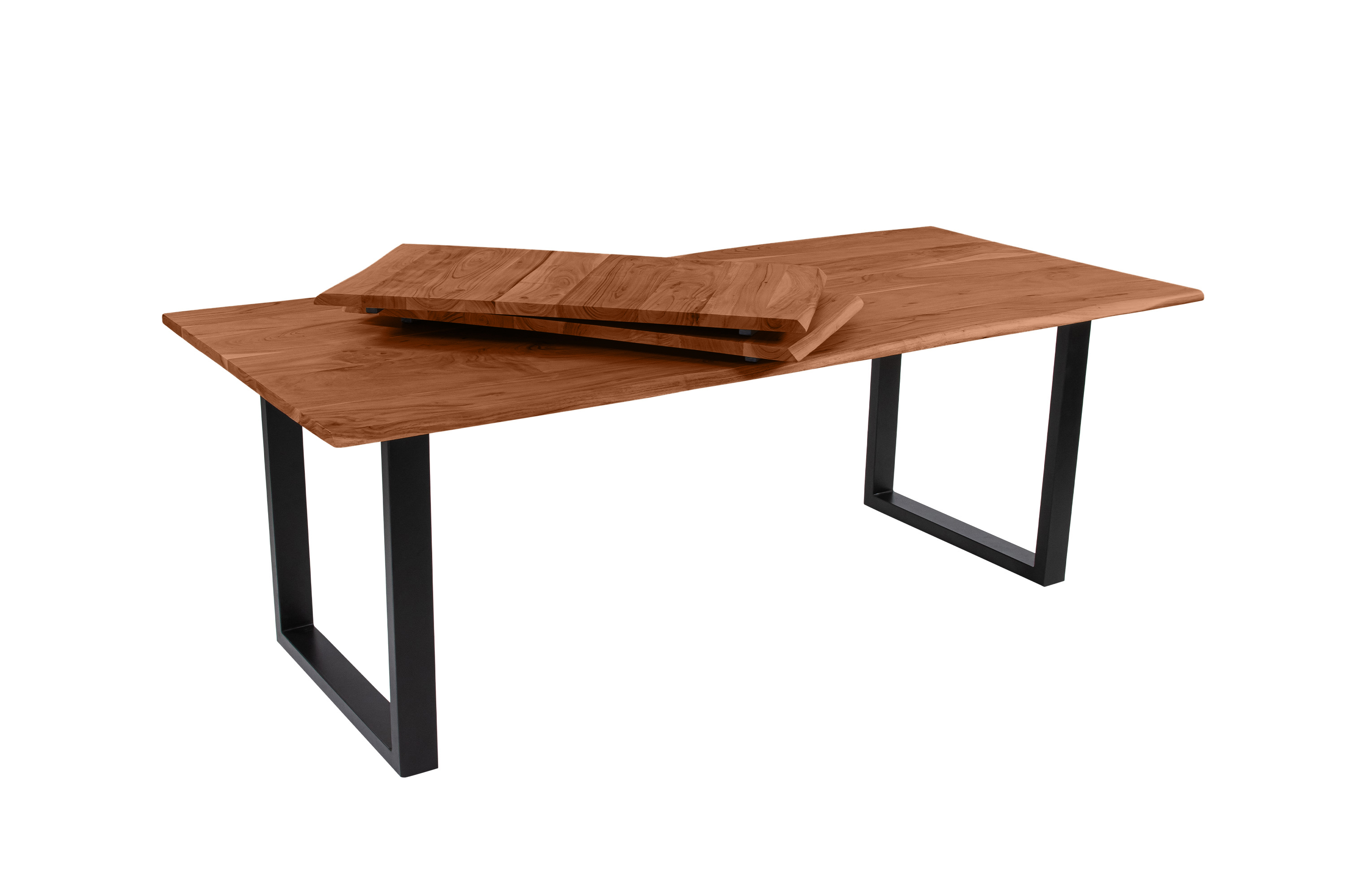 Esstisch Baumkante Akazie nuss 220(320)x100 Ansteckplatten U-Gestell schwarz AVINO