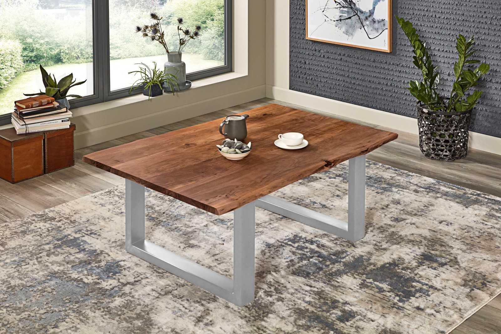 Couchtisch Baumkante massiv Akazie nussbaumfarben 120 x 80 cm silber BILLY
