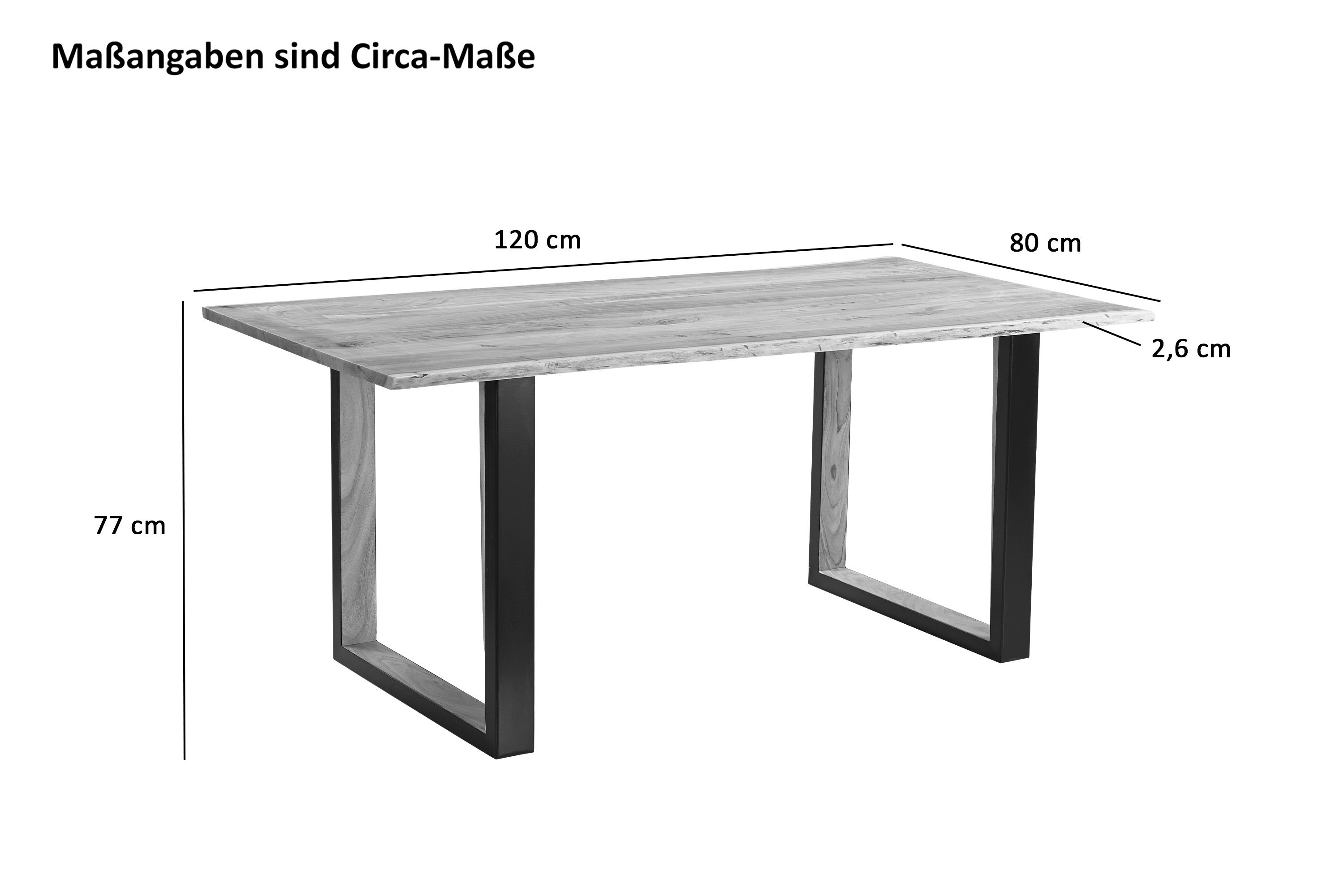 Baumkantentisch 120 x 80 cm Akazie massiv naturfarben schwarzem U-Gestell aus Metall + Holz BRISBANE