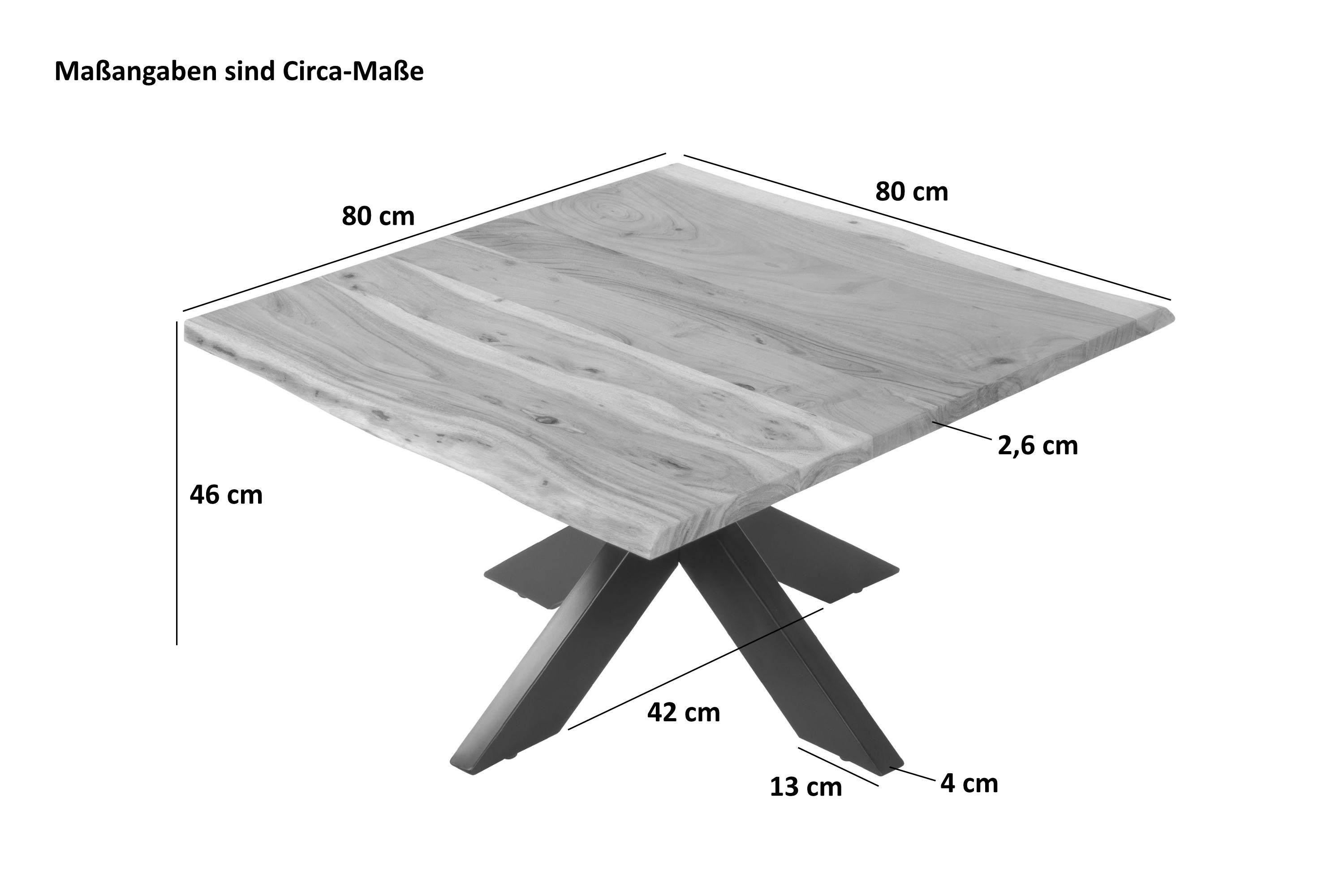 Couchtisch massiv Baumkante Akazie natur 80 x 80 Spider-Gestell schwarz NOAH