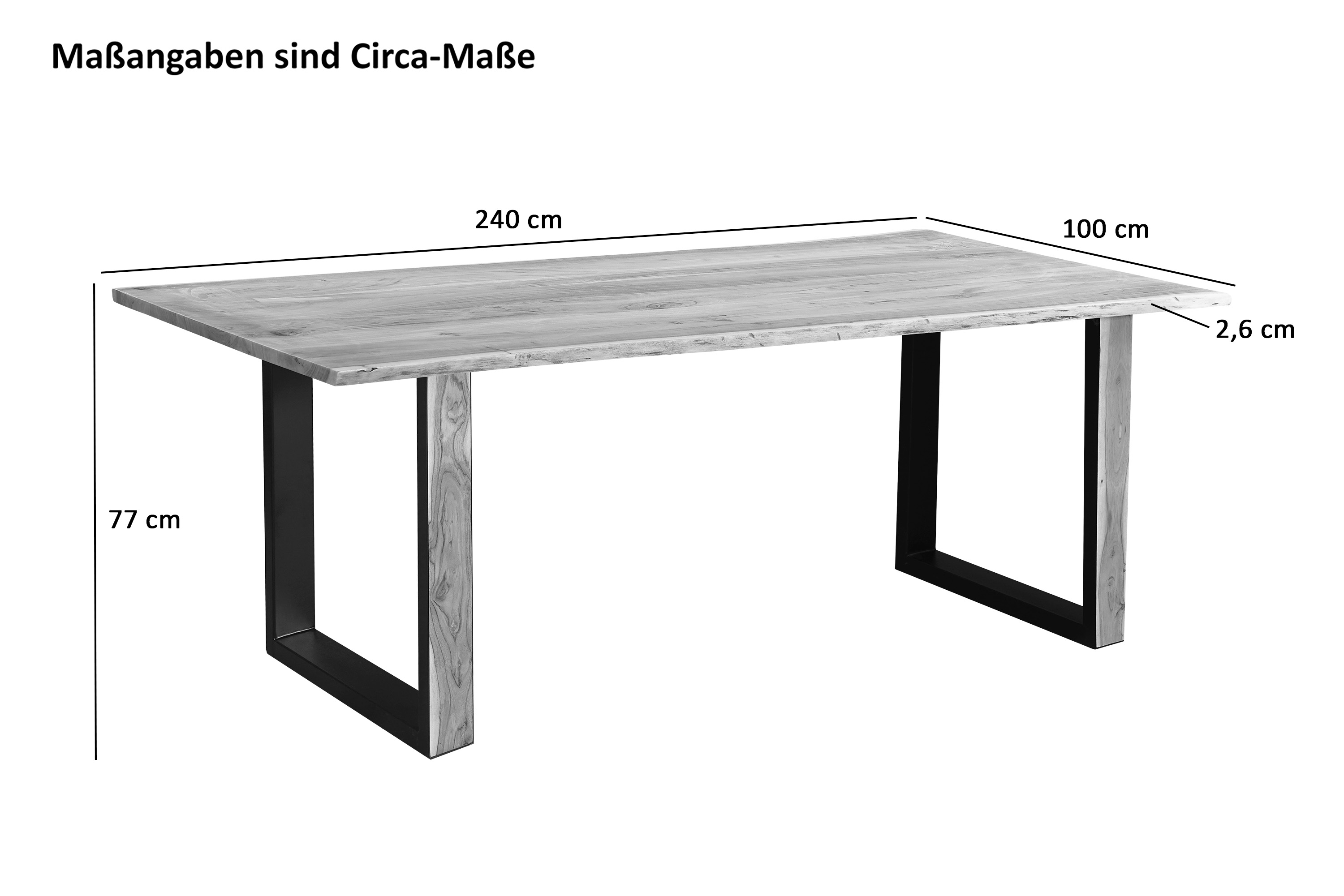 Baumkantentisch 240 x 100 cm Akazie massiv naturfarben schwarzem U-Gestell aus Metall + Holz MELBOURNE