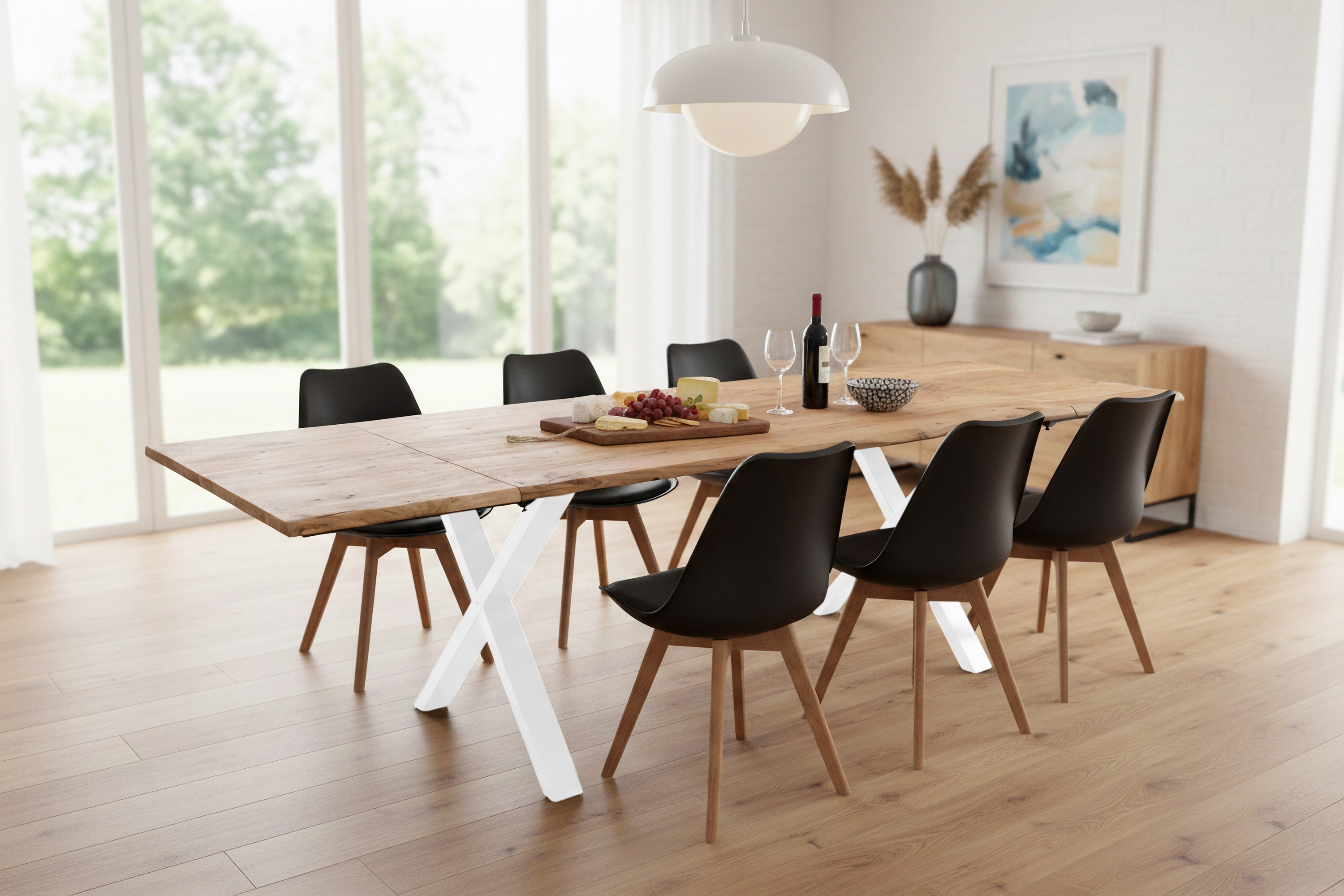 Esstisch Baumkante Akazie natur 180(280)x90 Ansteckplatten X-Gestell weiß AVINO