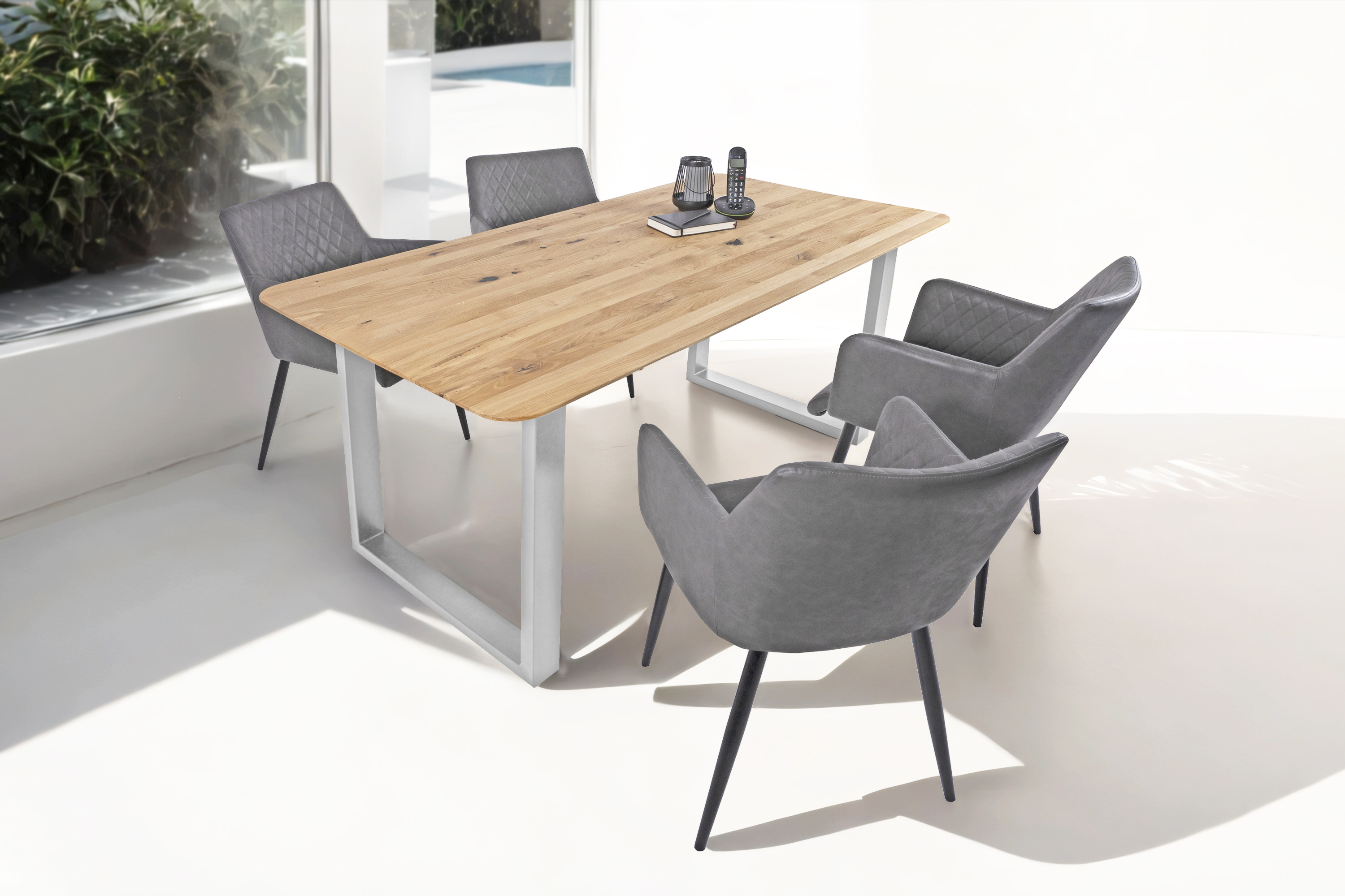 Esszimmertisch Schweizer Kante rund massiv & geölt Eiche 200x100 silber U-Gestell Lotte