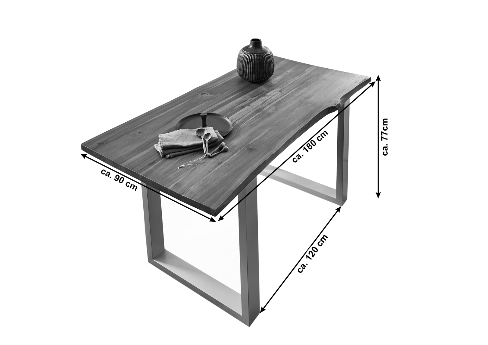 Esstisch Baumkante massiv Akazie cognac 180 x 90 schwarz Esra