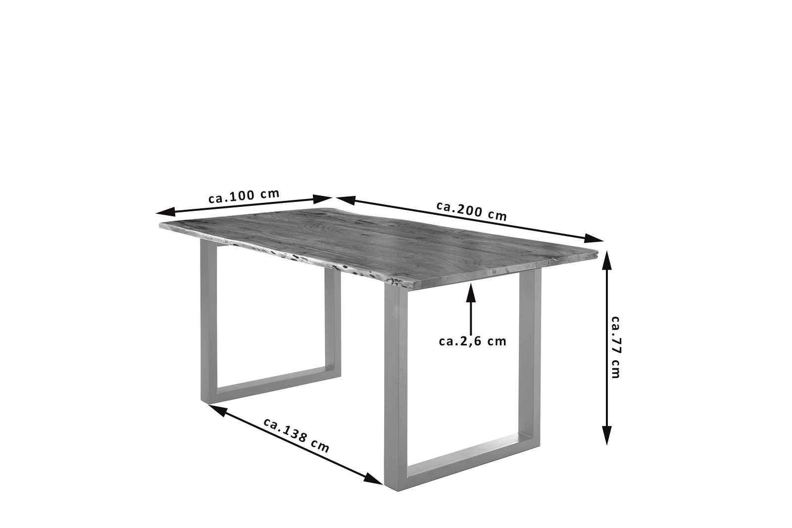 Esstisch Baumkante massiv Akazie nussbaum 200 x 100 silber U-Gestell LUBIN